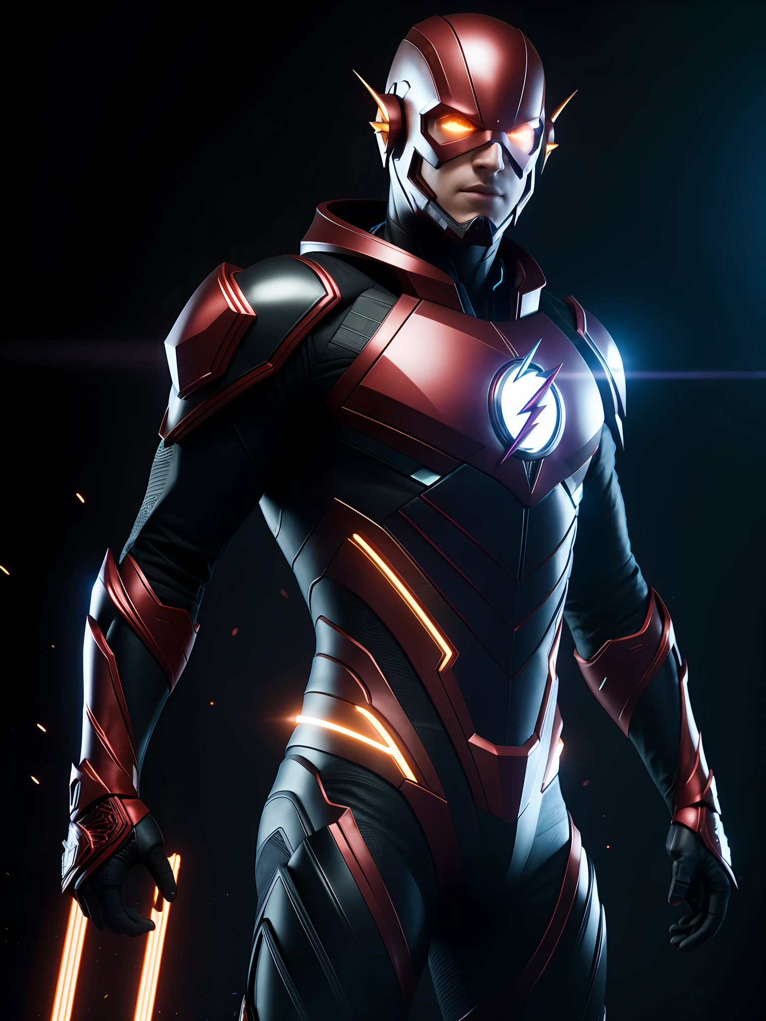 midjourny-v4 style, professional photo shot of Flash from DC, with a very detailed intricate cybernetic outfit, a very detailed beautiful face standing in the dark with black particles surrounding the body, proportional body shape + perfect anatomy, symmetrical dynamic pose, volumetric shadow, neon glowing dust particle effect + detailed particles, Full HD rendering + 3D octane rendering + unreal engine 5 graphics 4k UHD + huge  Detail + Dramatic Lighting + Good Lighting + Good Lighting + Intricate + Fine Details + Octane Render + Ray Tracing + 8k + Sharp Focus + High Vibration Contrast, DC-Style, Trending on ArtStation