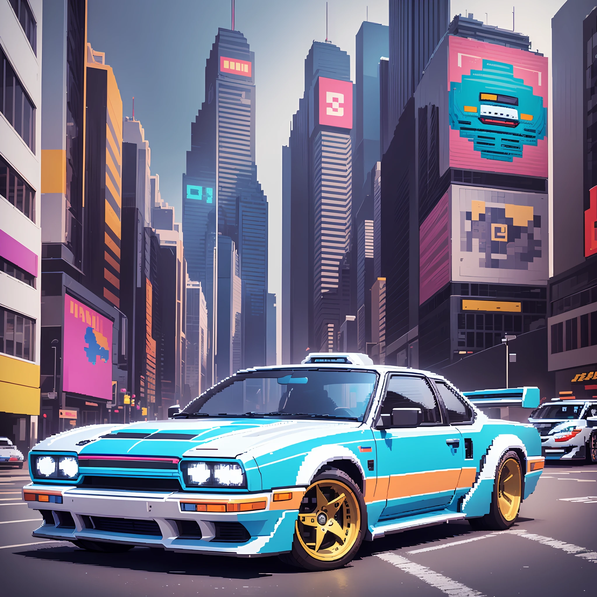 T-shirt print with a pixel art (car:1.6) inspired by the 8-bit aesthetic of the 80s or 90s, ( logo:1.4, vector-art) (on a white background:1.4) as a t-shirt logo in the style of art Style, 3, from: 512x512, 0.4 Leonardo Diffusion --auto --s2