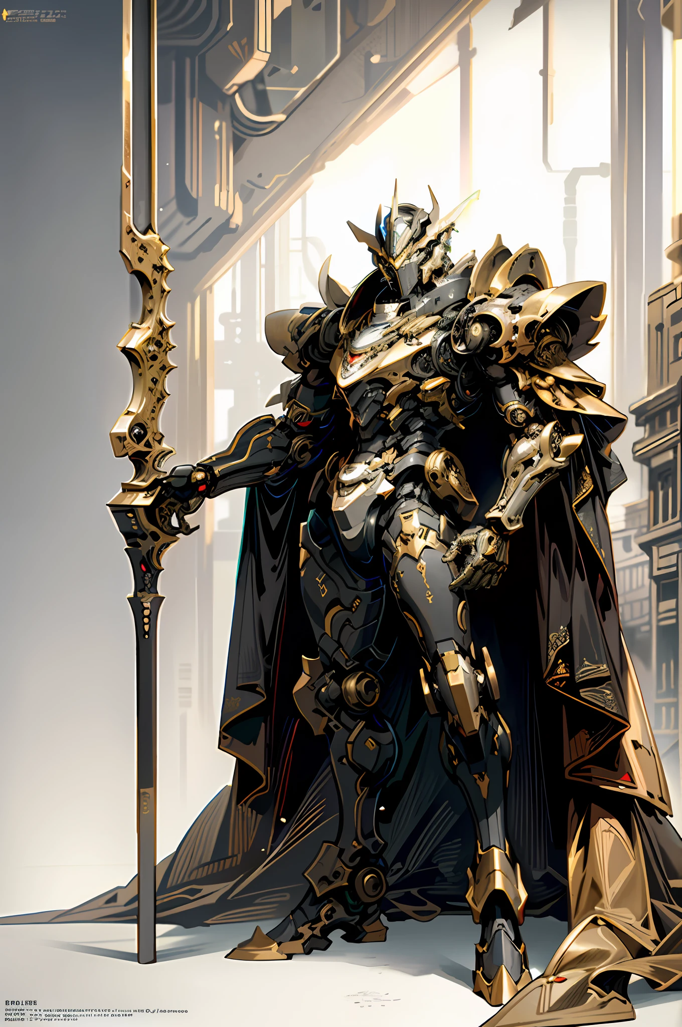 Dark Fantasy, Cyberpunk, (Top Quality, Masterpiece), Mechanical Wonders, State-of-the-Art Big Robots, State-of-the-Art Big Mechs, City, Top Quality Digital Art, Stunning Art, Highly Detailed, Full Body Black, Golden Decorative Parts, Top Quality Digital Art