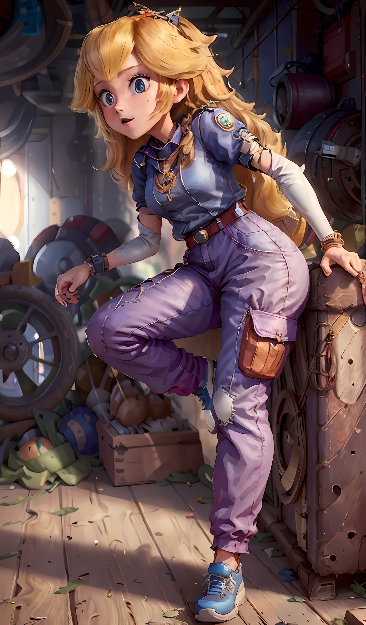 4k, realistic, carismatic, very detail, there is a girl in workshop, she is a mechanic, baggy pants many pocket, navy theme, wavy hair, 25 years old, full body, wearing nike shoes, necklace, wearing many bracelet, hold wrench