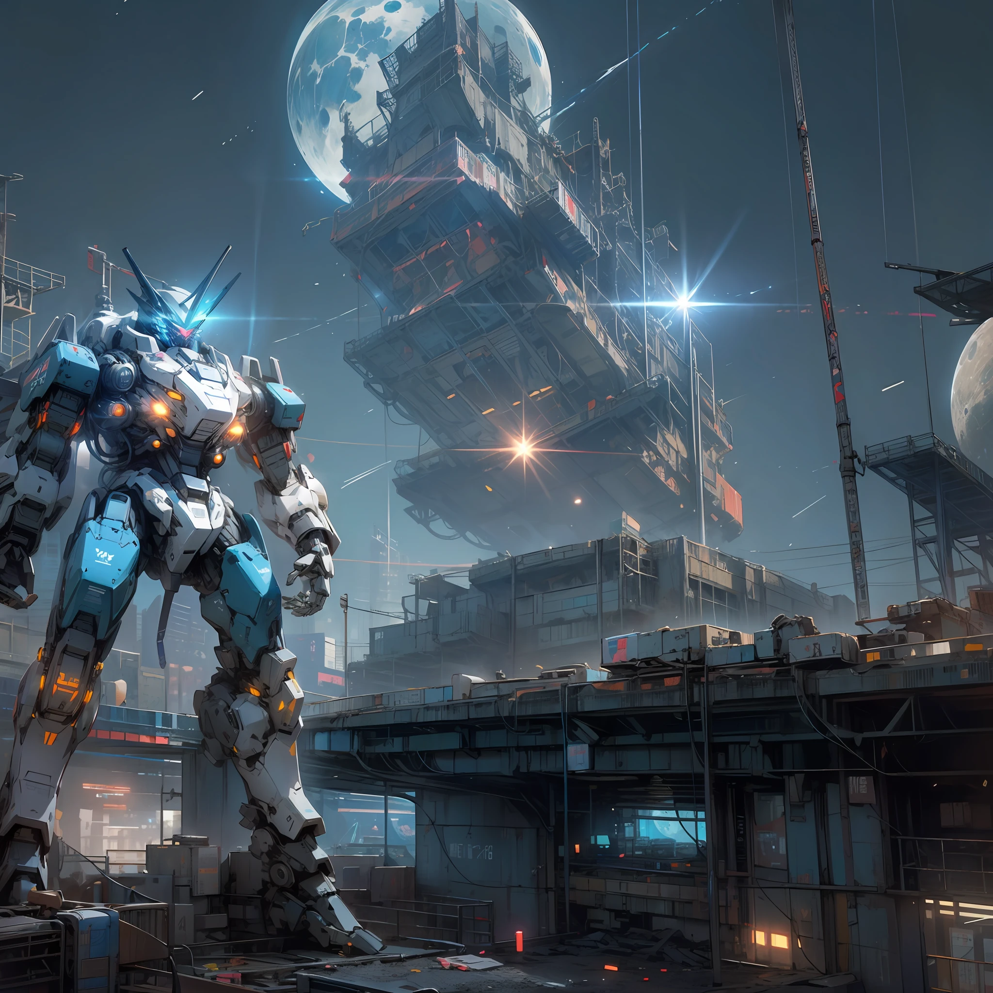 On the moon, barren planets, ruins, holding_weapon, no_humans, bright, robot, construction, glowing_eyes, blue mecha, science fiction, city, realistic, mecha, background of the Milky Way, neon, cyberpunk, --auto --s2