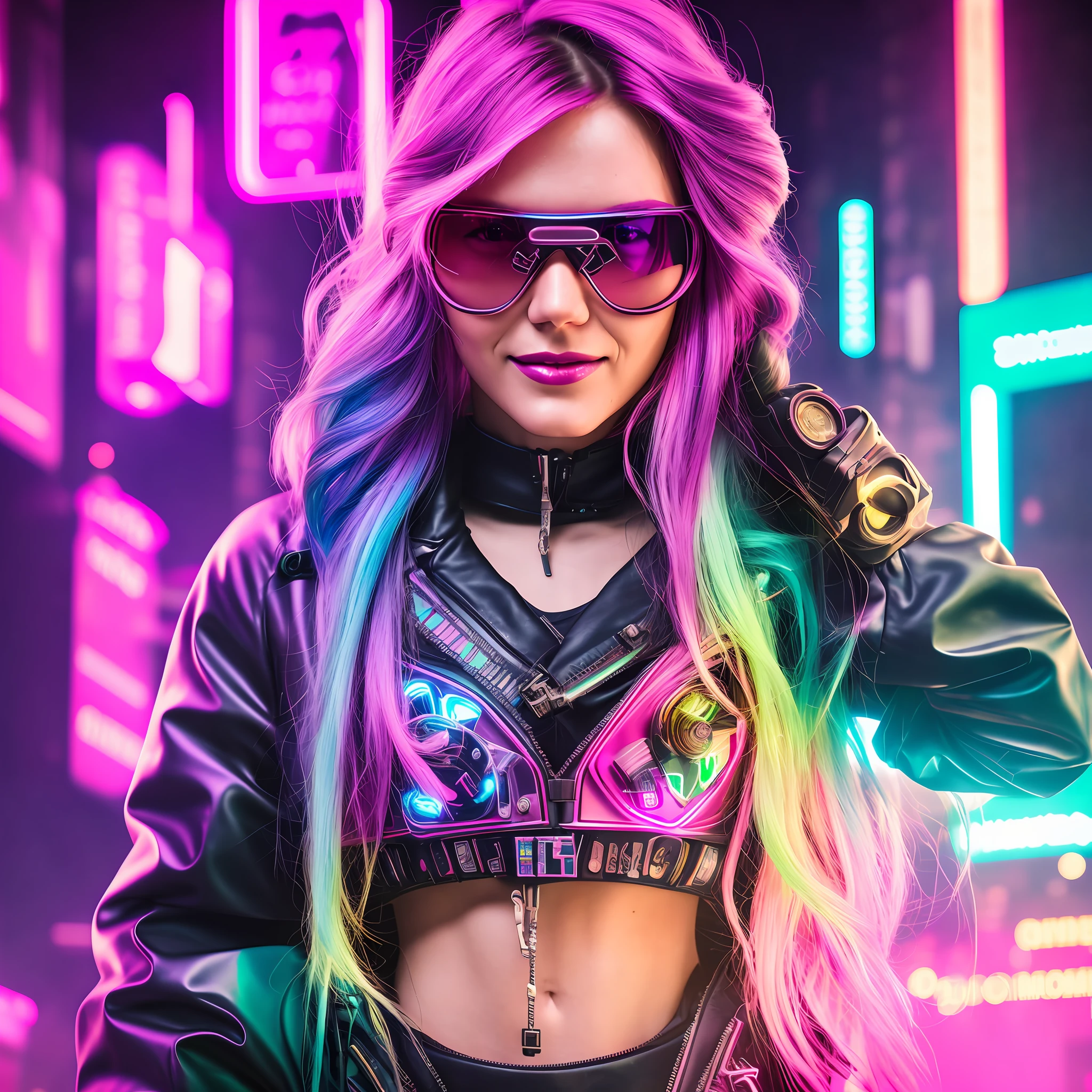 Photograph of the face of a beautiful young woman of 22 years. (Colored hair) Sharpness on the face. Big breasts. Body fitness. Abdomen defined. Dimples. Sunglasses in neon color. Blue eyes. Tattoos on the neck. Realism, shy smile. Futuristic neon setting. Futurism. Raw. 8k. Cyberpunk Clothing. Cyberpunk Aesthetics. Neon details. Cannon EOS R2. Neon lighting.