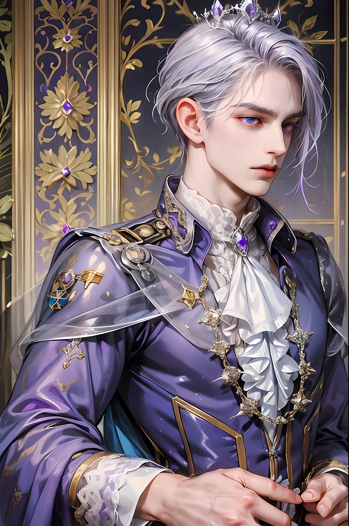 Prince, Young Man, male, 1boy, mature male, manly, purple blood, purple decoration, crystal, gemstone, shine, shiny crystal, depicting delicate eyes, opal eyes, depicting delicate facial features, white uniform, extreme multiplication, exquisite and complex design, white gloves, gothic style, gorgeous aristocratic dress, purple blood, ribbon, crown of thorns, gray hair, extreme detail, delicate depiction, light blue eyes, all colors except purple are low saturation, Only purple is the most conspicuous, royal, elegant, noble, royal dress