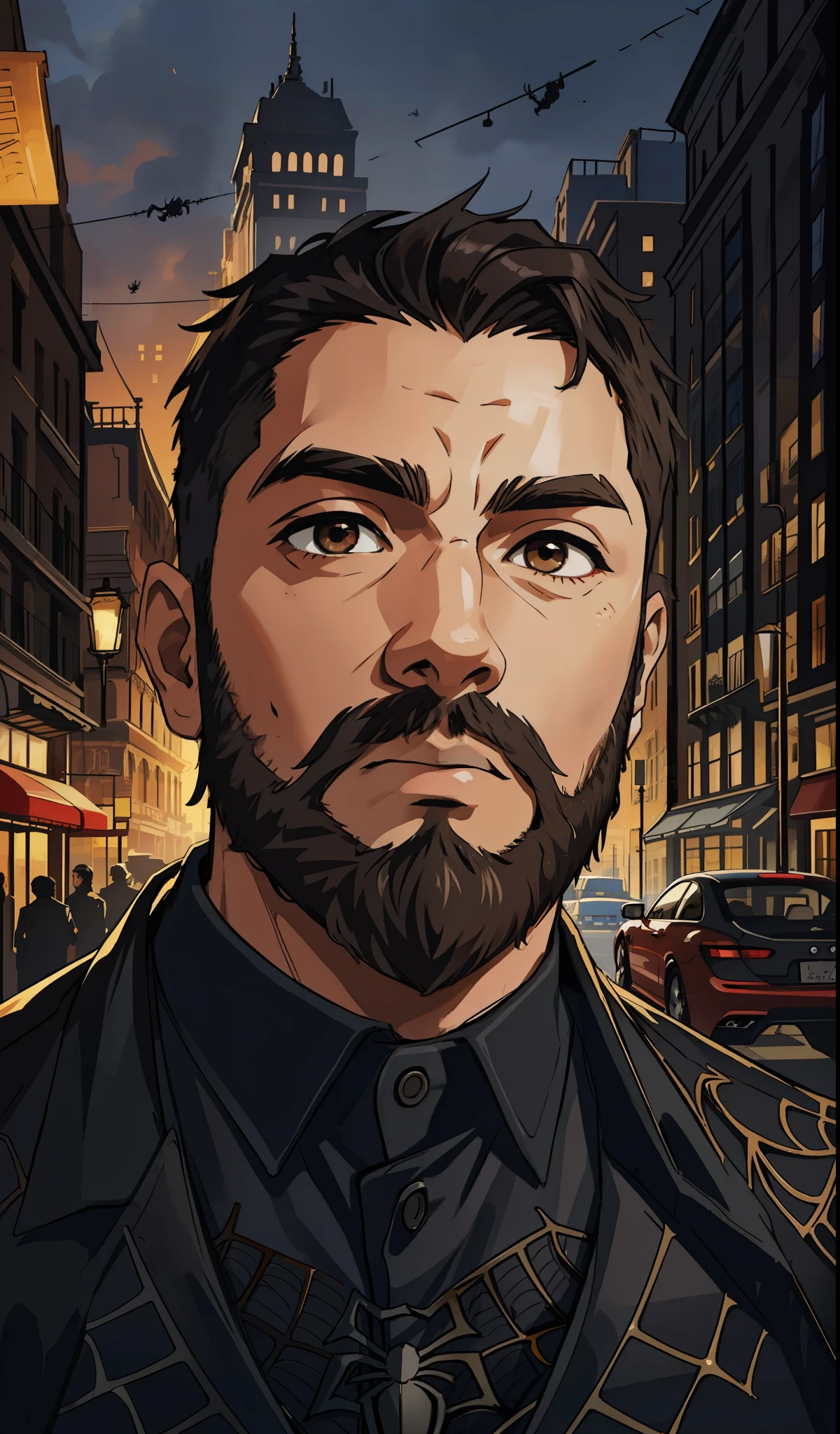 (masterpiece, best quality), intricate details, 8k, artstation, wallpaper, official art, splash art, sharp focus,
1boy, short hair, brown eyes, black hair, short beard
 Spider uniform, spider web printing, spider web,  
skyscrapers, city, buildings, cars, street,