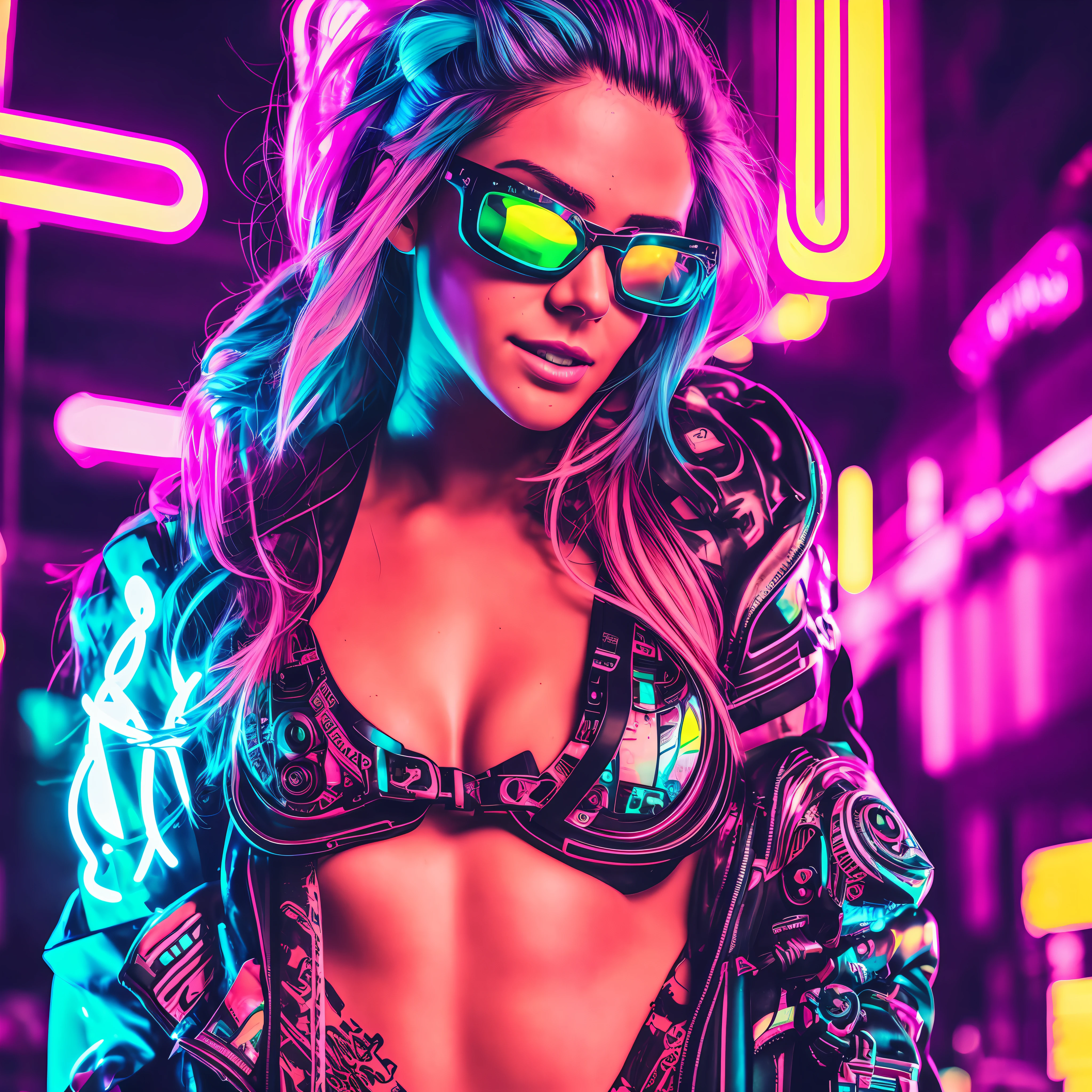 Photograph of the face of a beautiful young woman of 22 years. (Colored hair) Sharpness on the face. Big breasts. Dimples. Athletic body fitness. Sunglasses in neon color. Blue eyes. Tattoos on the neck. Realism, shy smile. Futuristic neon setting. Futurism. Raw. 8k. Cyberpunk Clothing. Cyberpunk Aesthetics. Neon details. Cannon EOS R2. Neon lighting.