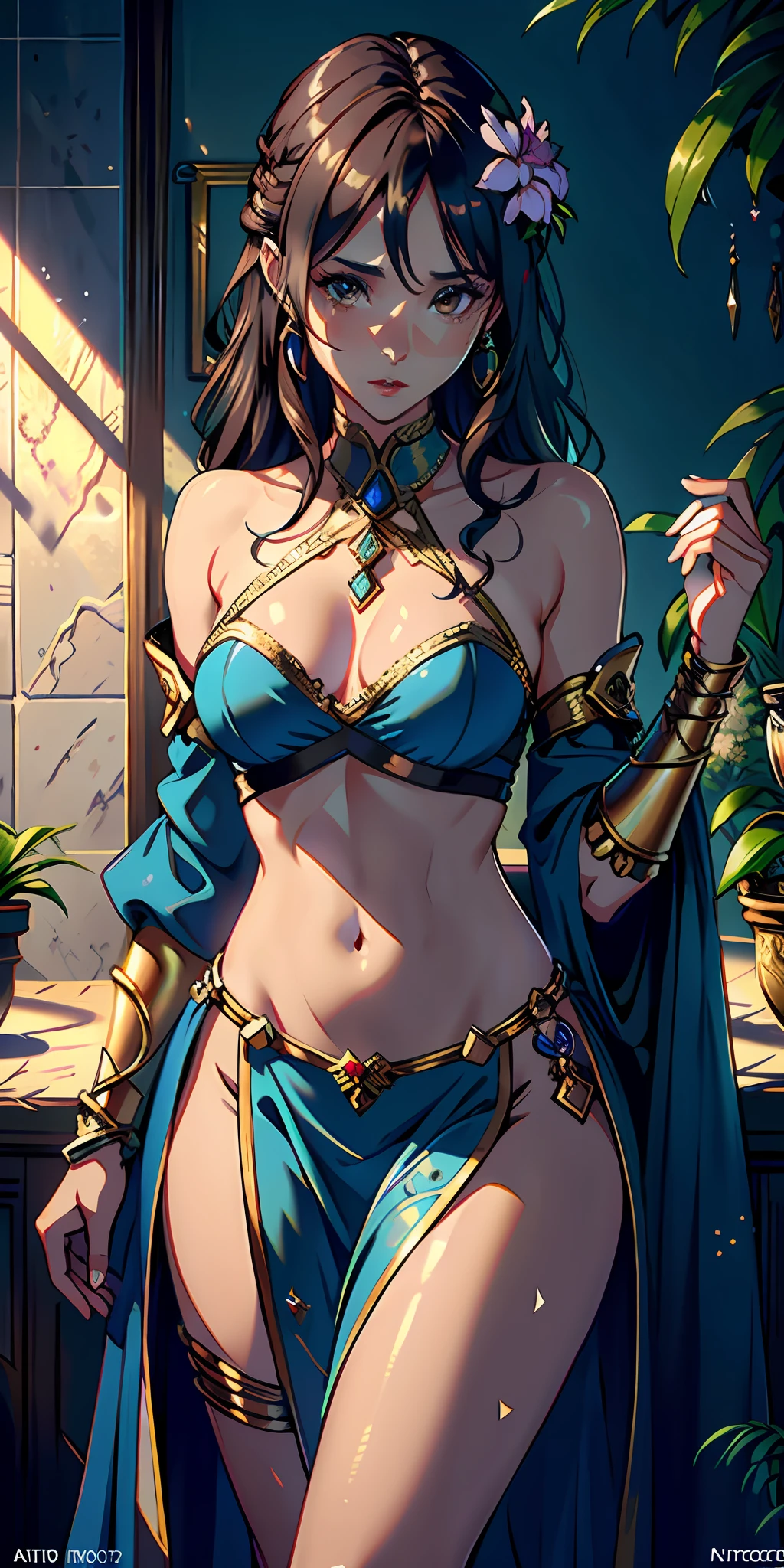 Photorealistic, raw photo, hyper detailed, detailed background, studio lights, chromatic freak, best shadows, solo, 1 woman, an arabian princess, brown skin, brown eyes, wearing sexy Royal BLUE outfit, in palace room, Medieval Arabia, shoulders showing, navel showing, lace, makeup, small tight breasts, flowers, plants, shiny skin, lying in bed, realistic skin texture, HDR,  8K, sharp focus, cinematic
