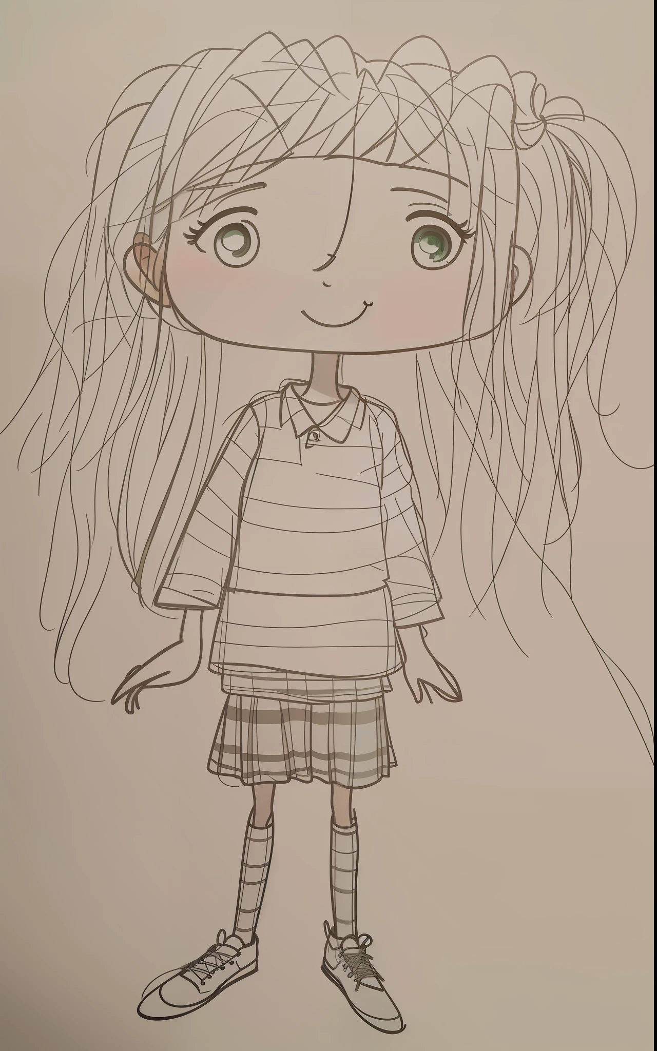 Cartoon of a 9 girl with long hair and a white and green striped shirt, unrealistic character, character design for animation, full body character drawing