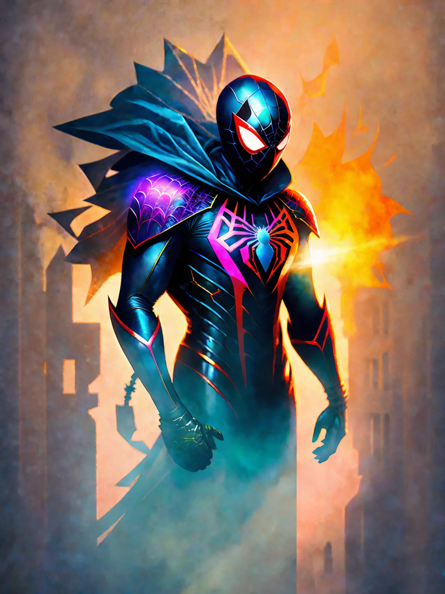 Spiderman in uniform, radiant hazy colors, vfx film, marvel art, highly photographic rendering, hero, iridescent illustration, heavy metal art, head covered with mask, conceptart. with, avatar image, genius, love spiders and webs, in a dark alley, striking mist, diffuse light