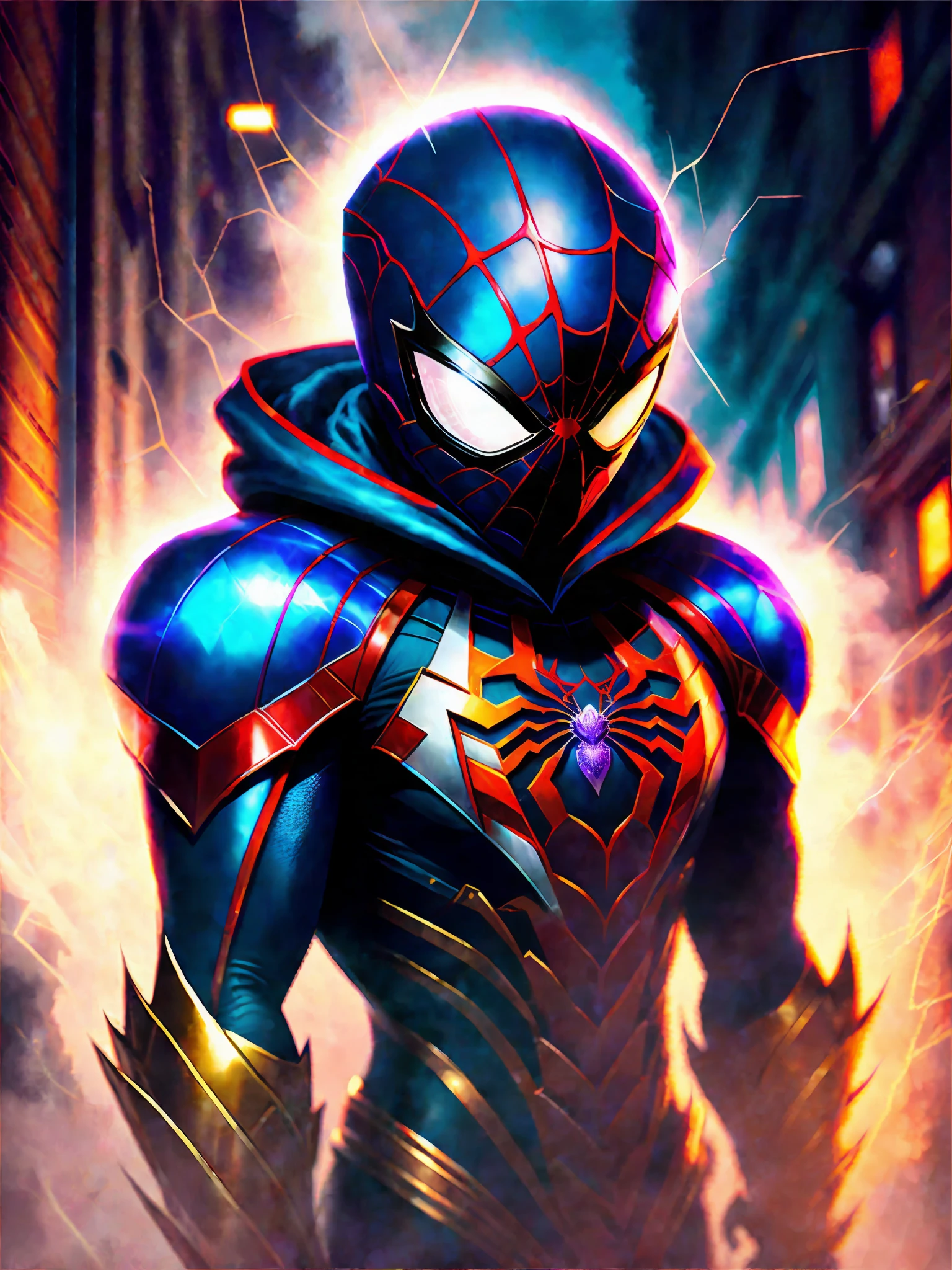 Spiderman in uniform, radiant hazy colors, vfx film, marvel art, highly photographic rendering, hero, iridescent illustration, heavy metal art, head covered with mask, conceptart. with, avatar image, genius, love spiders and webs, in a dark alley, striking mist, diffuse light