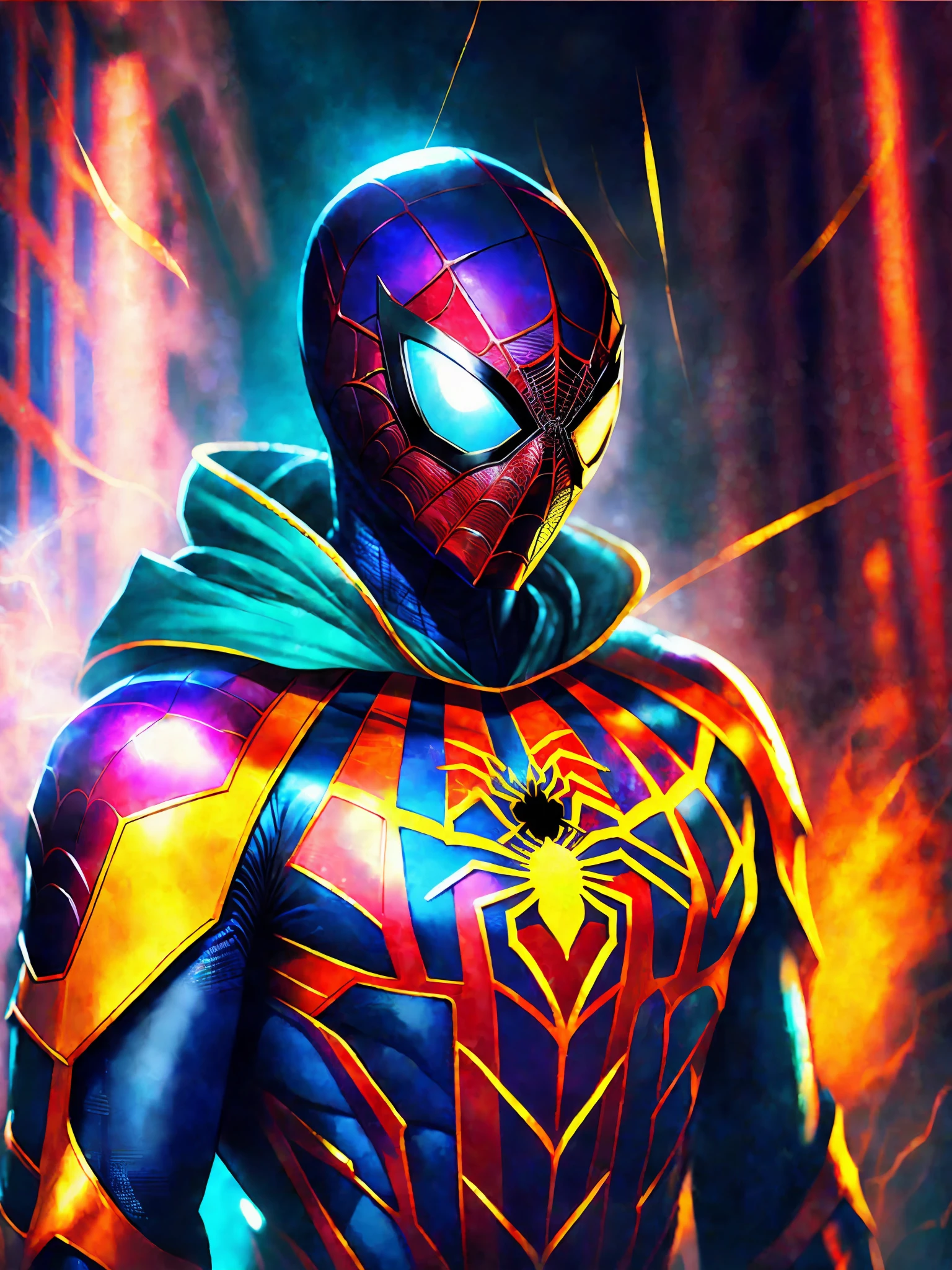 Spiderman in uniform, radiant hazy colors, vfx film, marvel art, highly photographic rendering, hero, iridescent illustration, heavy metal art, head covered with mask, conceptart. with, avatar image, genius, love spiders and webs, in a dark alley, striking mist, diffuse light