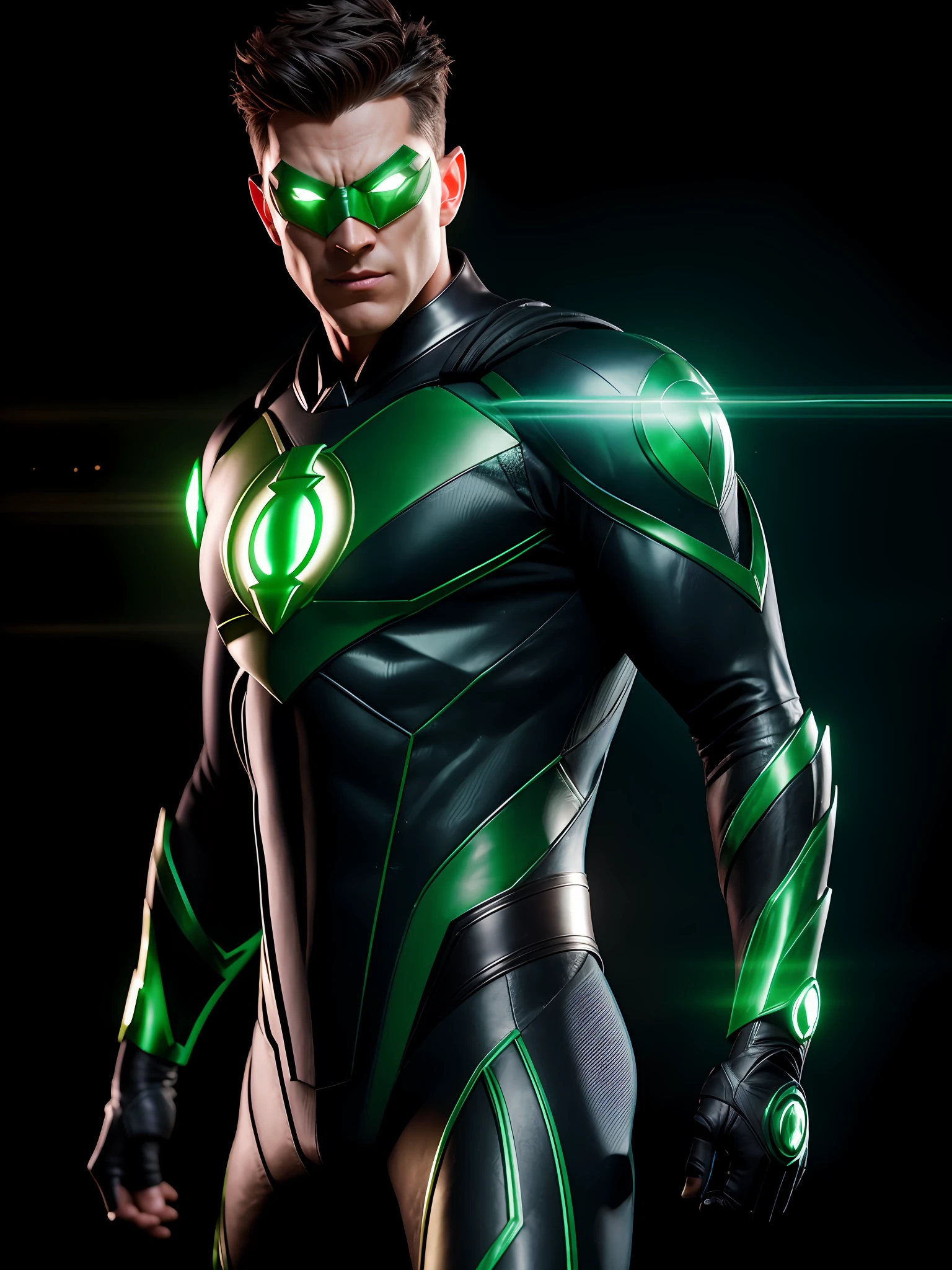 midjourny-v4 style, professional photo of Green Lantern from DC, with a very detailed intricate cybernetic outfit, a very detailed beautiful face standing in the dark with black particles surrounding the body, proportional body shape + perfect anatomy, symmetrical dynamic pose, volumetric shadow, neon glowing dust particle effect + detailed particles, Full HD rendering + 3D octane rendering + unreal engine 5 graphics 4k UHD+  Huge Detail + Dramatic Lighting + Good Lighting + Good Lighting + Intricate + Fine Details + Octane Render + Ray Tracing + 8k + Clear Focus + High Vibration Contrast, DC-Style, Trending on ArtStation