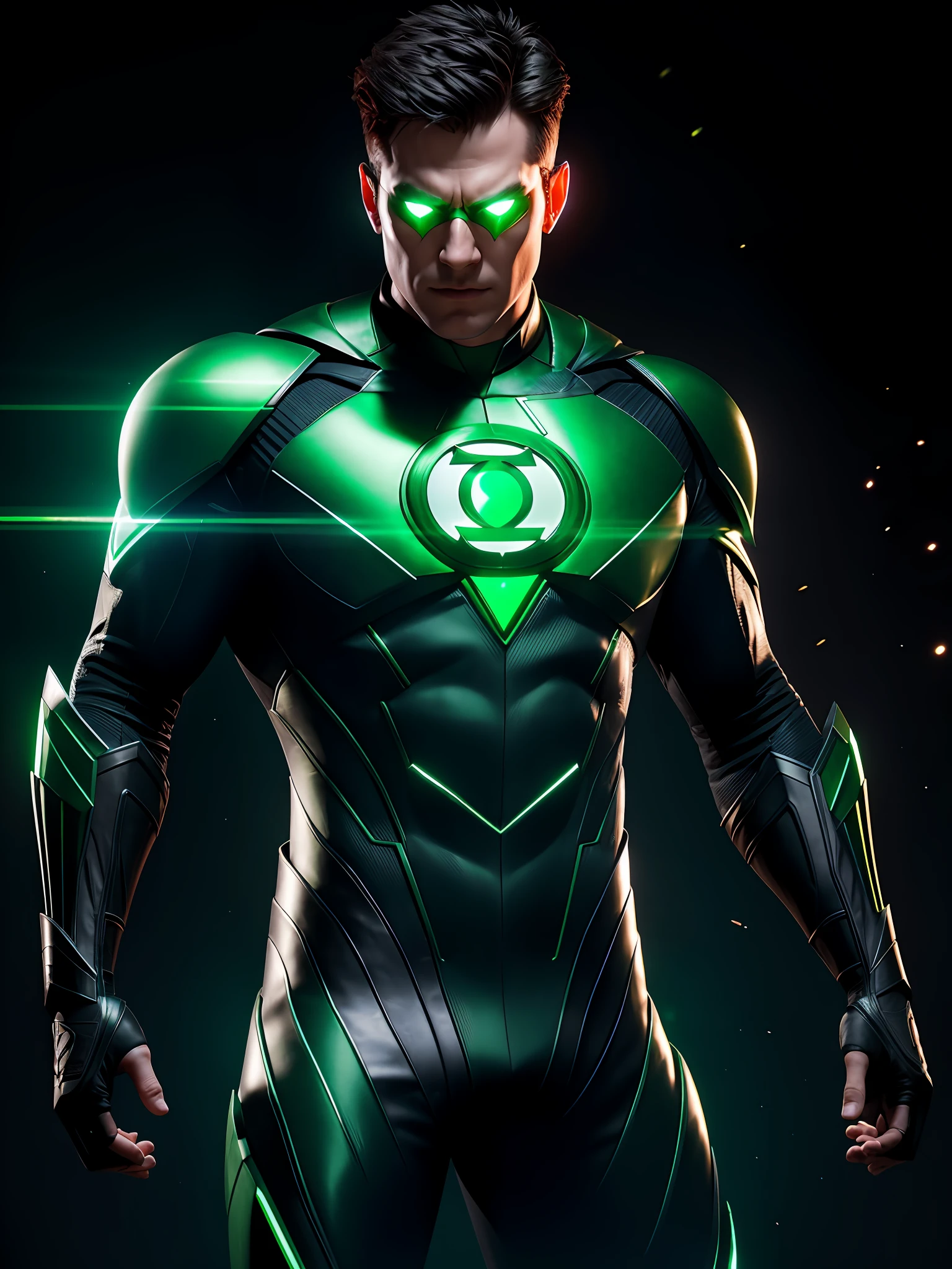 midjourny-v4 style, professional photo of Green Lantern from DC, with a very detailed intricate cybernetic outfit, a very detailed beautiful face standing in the dark with black particles surrounding the body, proportional body shape + perfect anatomy, symmetrical dynamic pose, volumetric shadow, neon glowing dust particle effect + detailed particles, Full HD rendering + 3D octane rendering + unreal engine 5 graphics 4k UHD+ Huge Detail + Dramatic Lighting + Good Lighting + Good Lighting + Intricate + Fine Details + Octane Render + Ray Tracing + 8k + Clear Focus + High Vibration Contrast, DC-Style, Trending on ArtStation