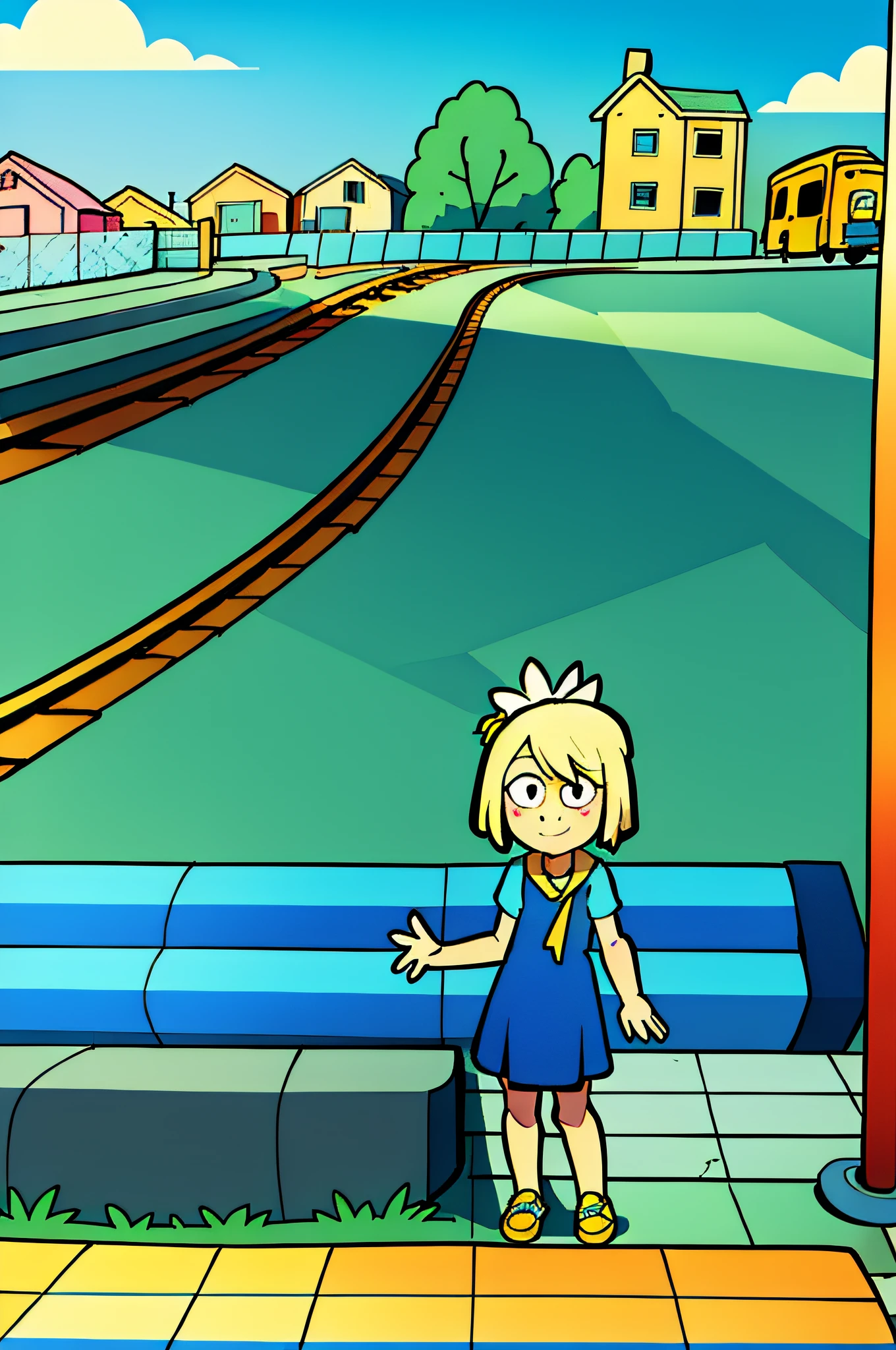 Girl, (blonde ponytail) with blue locks, cartoon style, Acher style illustration, park bench, blue dress, cloudy day, near train tracks, bike rack, cracks in the sidewalk, butterflies and daisies, sun shining on character, vibrant colors, hd