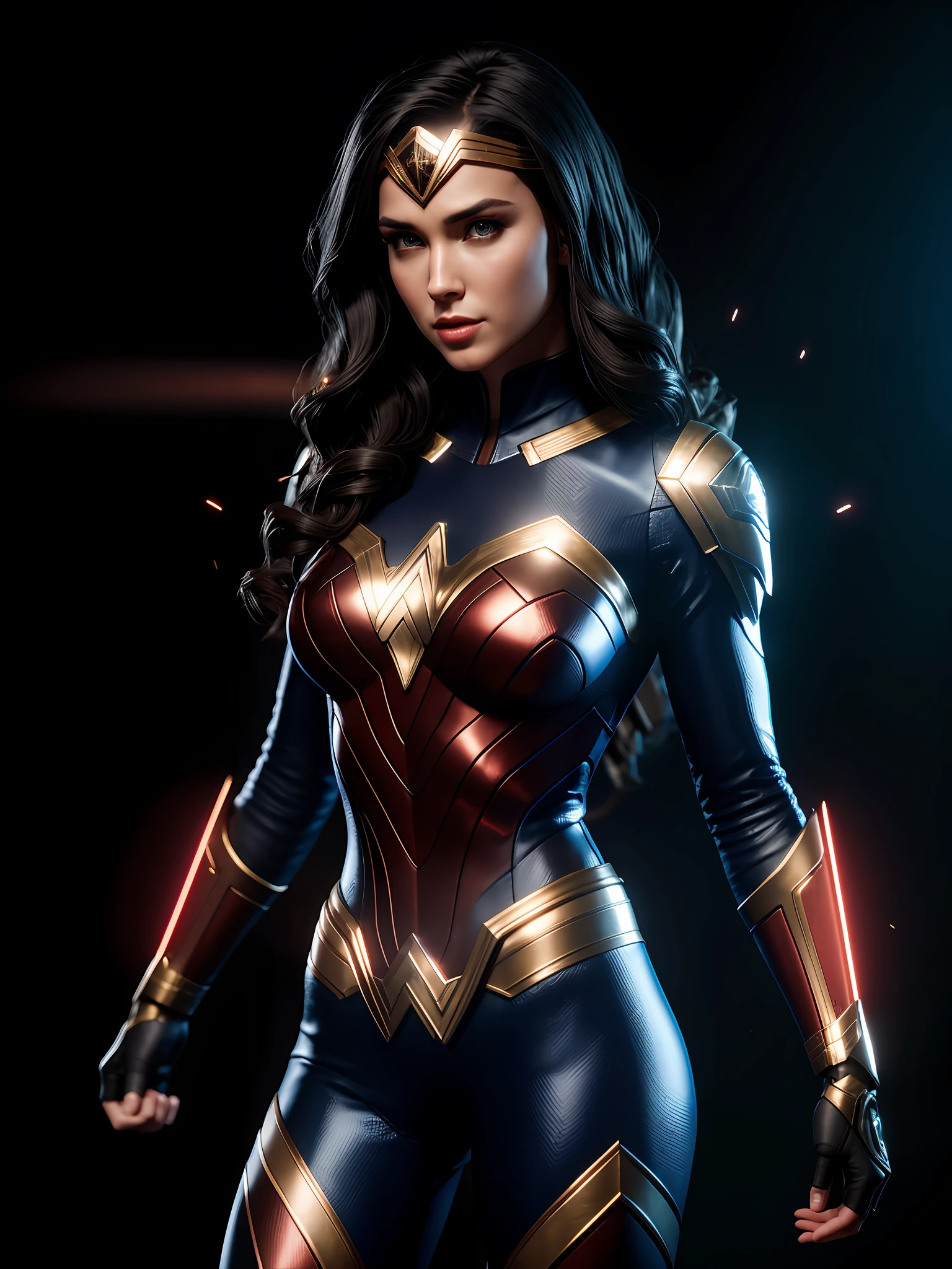 midjourny-v4 style, professional Wonder Woman from DC photo shot, with a very detailed intricate cybernetic outfit, a very detailed beautiful face standing in the dark with black particles surrounding the body, proportional body shape + perfect anatomy, symmetrical dynamic pose, three-dimensional shadow, neon glowing dust particle effect + detailed particles, Full HD rendering + 3D octane rendering + unreal engine 5 graphics 4k UHD + huge Detail + Dramatic Lighting + Good Lighting + Good Lighting + Intricate + Fine Details + Octane Render + Ray Tracing + 8k + Sharp Focus + High Vibration Contrast, DC-Style, Trending on ArtStation