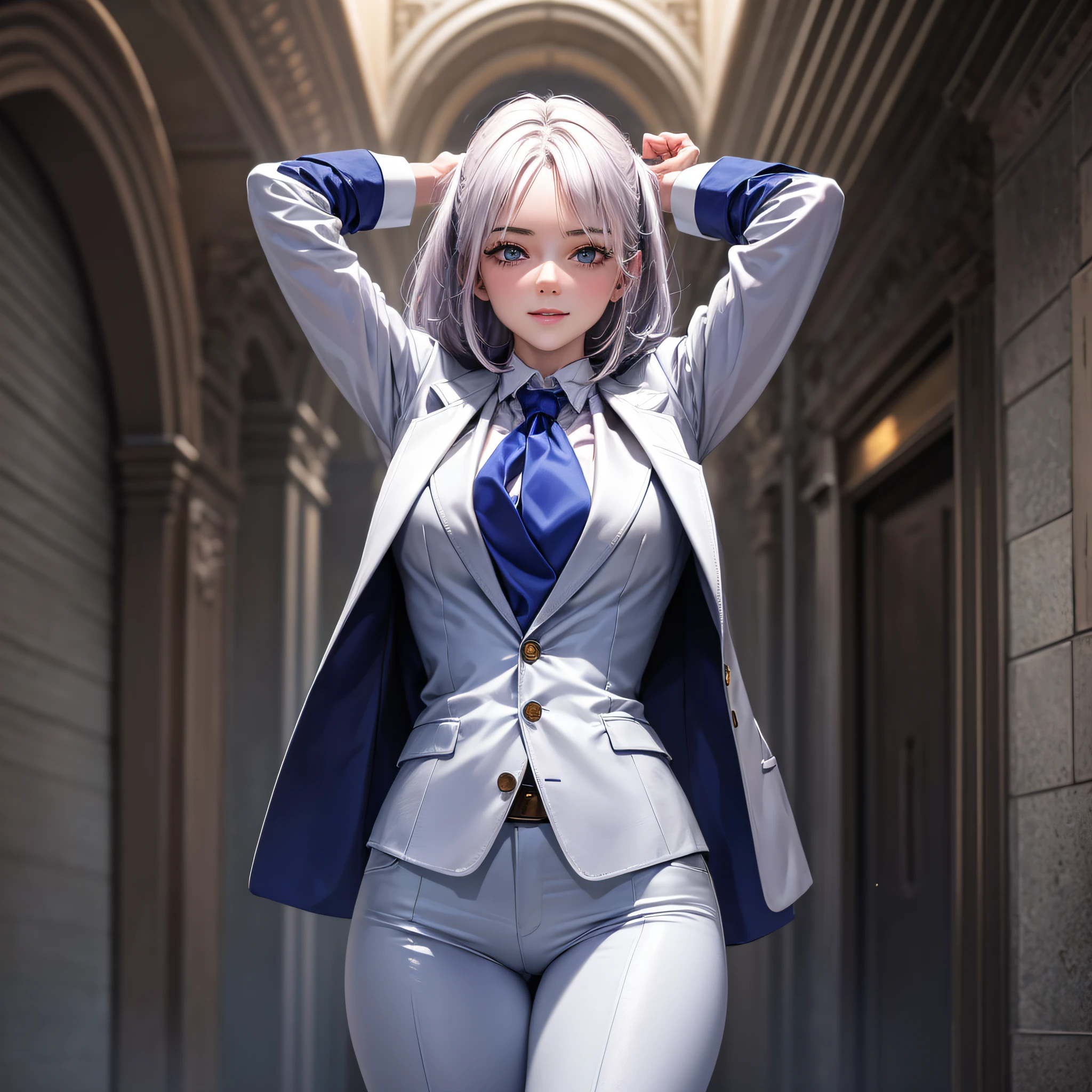 RAW Photo, Best Quality, Masterpiece: 1.2), (Realistic, Photo Realistic: 1.4), (Masterpiece: 1.4), (Best Quality: 1.4), A Girl, Arms Up, White Shirt, Tie, Blue Blazer, Suit Pants, White Belt, Pink Eyes, White Hair, Sideburns, Skin Tightness, Smile, Thigh Gap, Thighs, Delicate Facial Features,