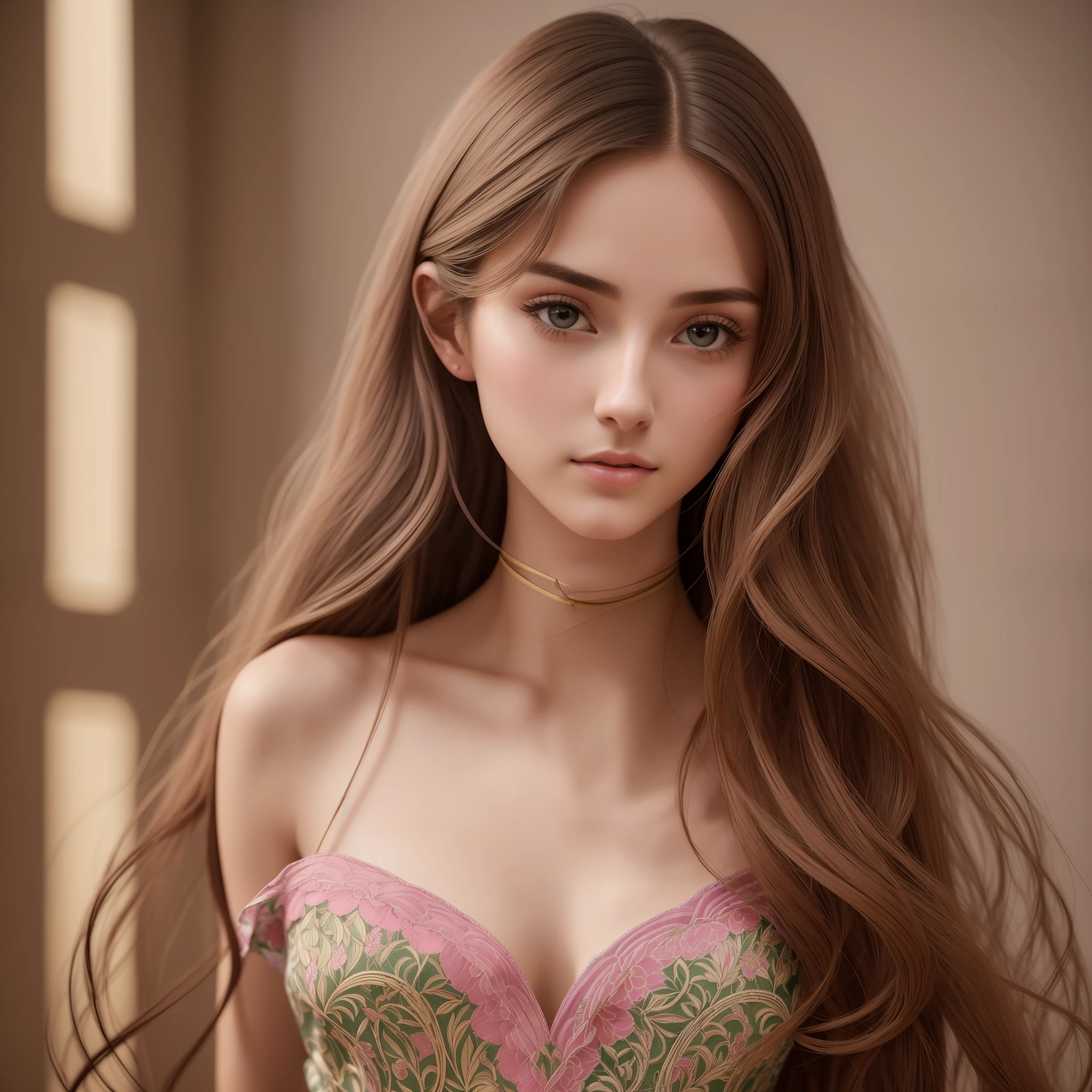 A photograph of a shy, virgin, skinny woman. Natural skin, long and voluminous hair, sharp eyes, a thin and upturned nose, shapely lips, an hourglass figure, typical clothes and make-up, intricately detailed, vibrant, cinematic, paramount lighting, HD, pastel palette, and a shallow depth of field.