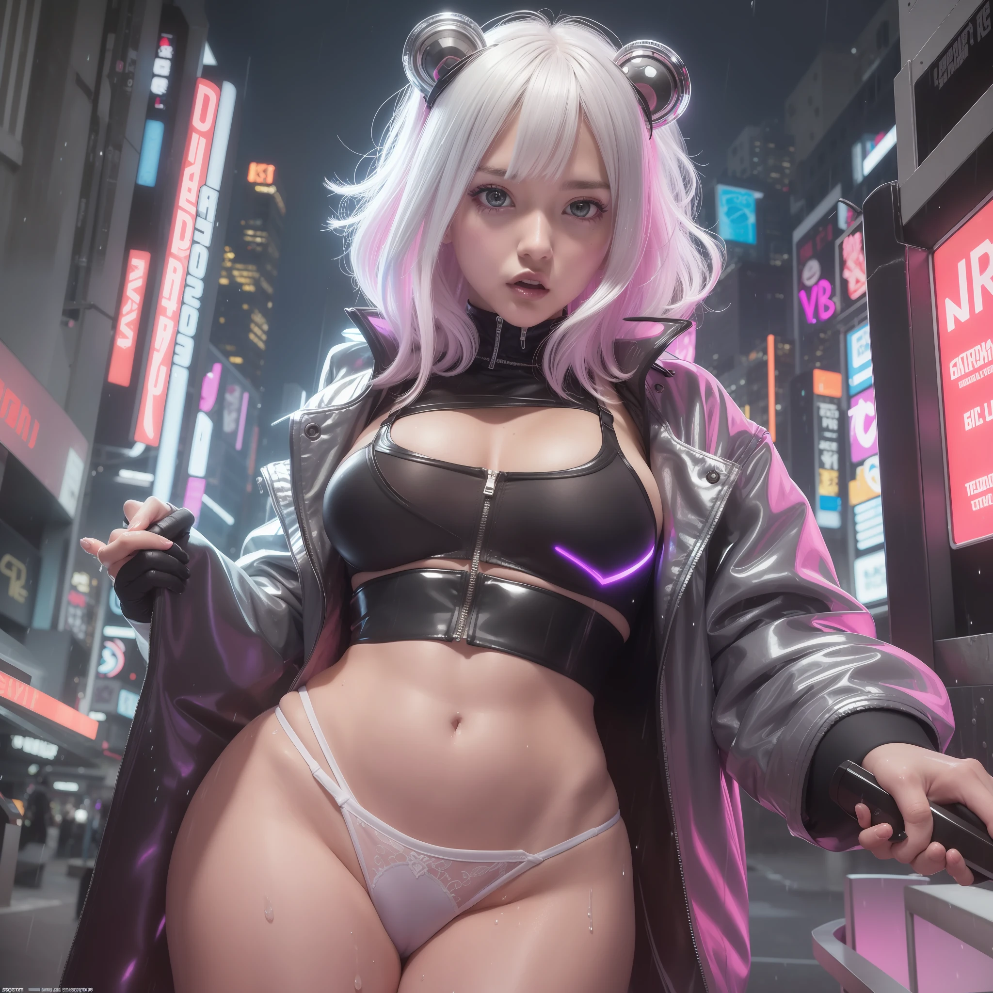 Lucy \(cyberpunk\), 1girl, crunchie hair, Hime cut, silver hair, colored tips, full moon, gray eyes, jacket, long sleeves, looking at the viewer showing the tongue, ahegao, tongue out, medium hair, multicolored hair, fringe separated, lips separated, pink hair, portrait, red eyeliner, red lips, solo, open white jacket (small and beautiful hard nipple), cyberpunk \(series\), show the butt to the viewer,  rainy night in a cyberpunk city with bright neon lights, (8k, RAW photo, highest quality, masterpiece: 1.2), (realistic, photorealistic: 1.37), micro bikini, protruding areola, clearly visible pubic shape, pubic hair, bristles on the lower abdomen, (wet, white, tight, transparent panties)), ((show the public ultra HD light wet details, butt)), [narrow hips], cinematic lighting with quality and detail --auto --s2