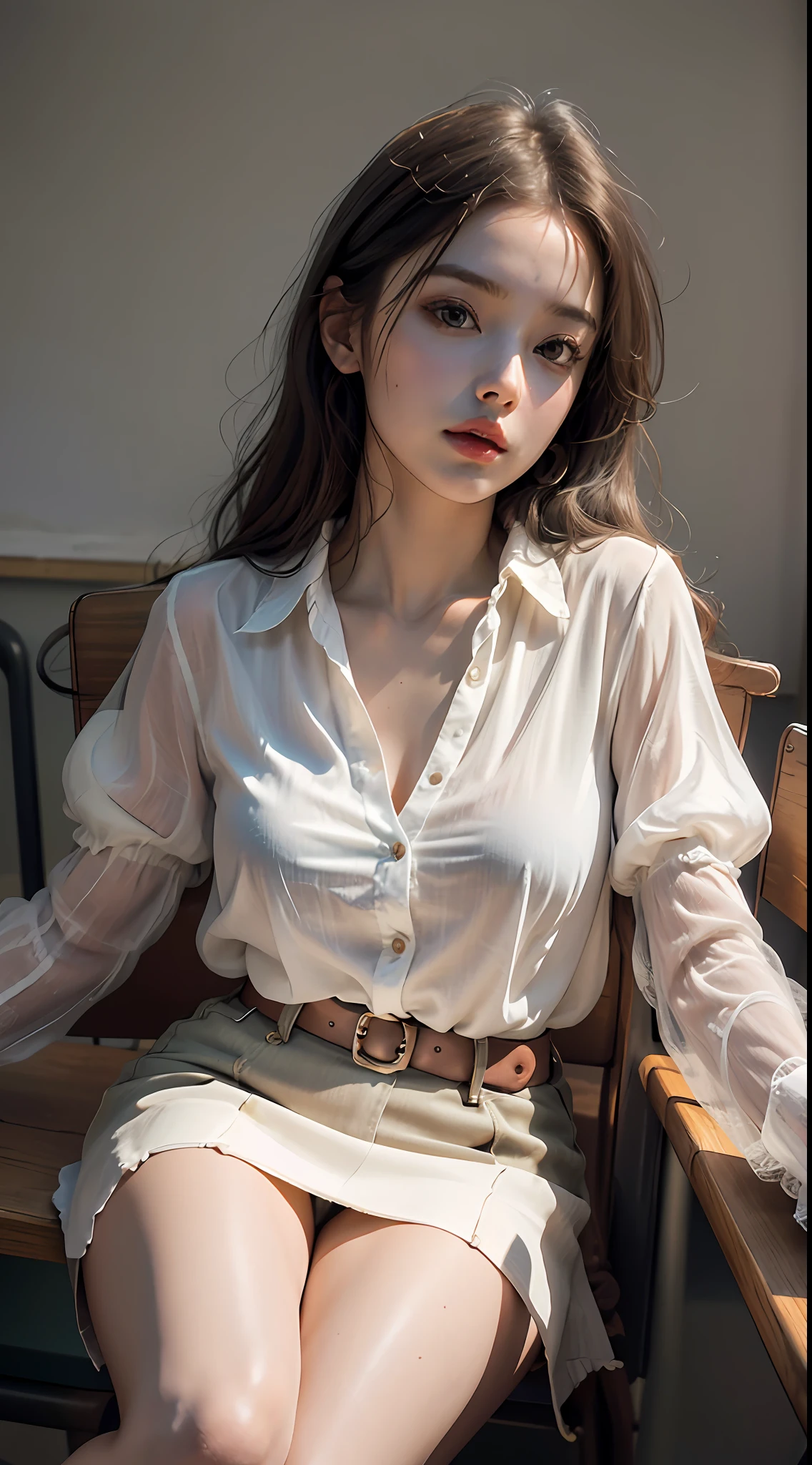 Superior Quality, Masterpiece, Ultra High Resolution, (Photorealistic: 1.4), Raw Photo, Deep Shadows, girl, classroom, sitting at desk, white blouse open, fine clothing, transparent clothing, legs open