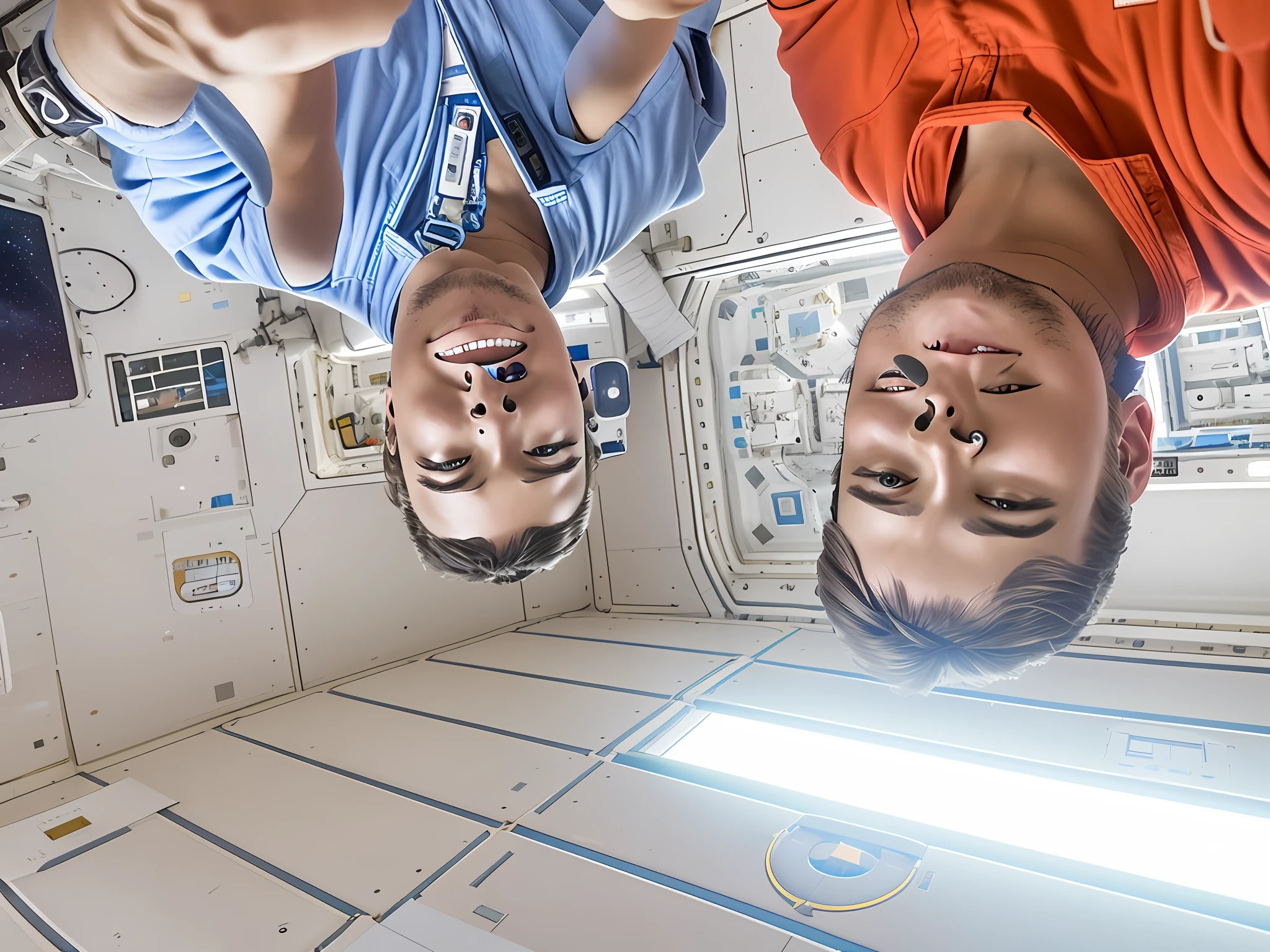 there are two men standing in a room with one upside down, on space station, floating in zero gravity, on a space station, pov photo, in front of space station window, selfie shot straight on angle, window into space behind them, in a space station, 8k selfie photograph, looking at the ceiling, selfie, in a research facility, gopro photo