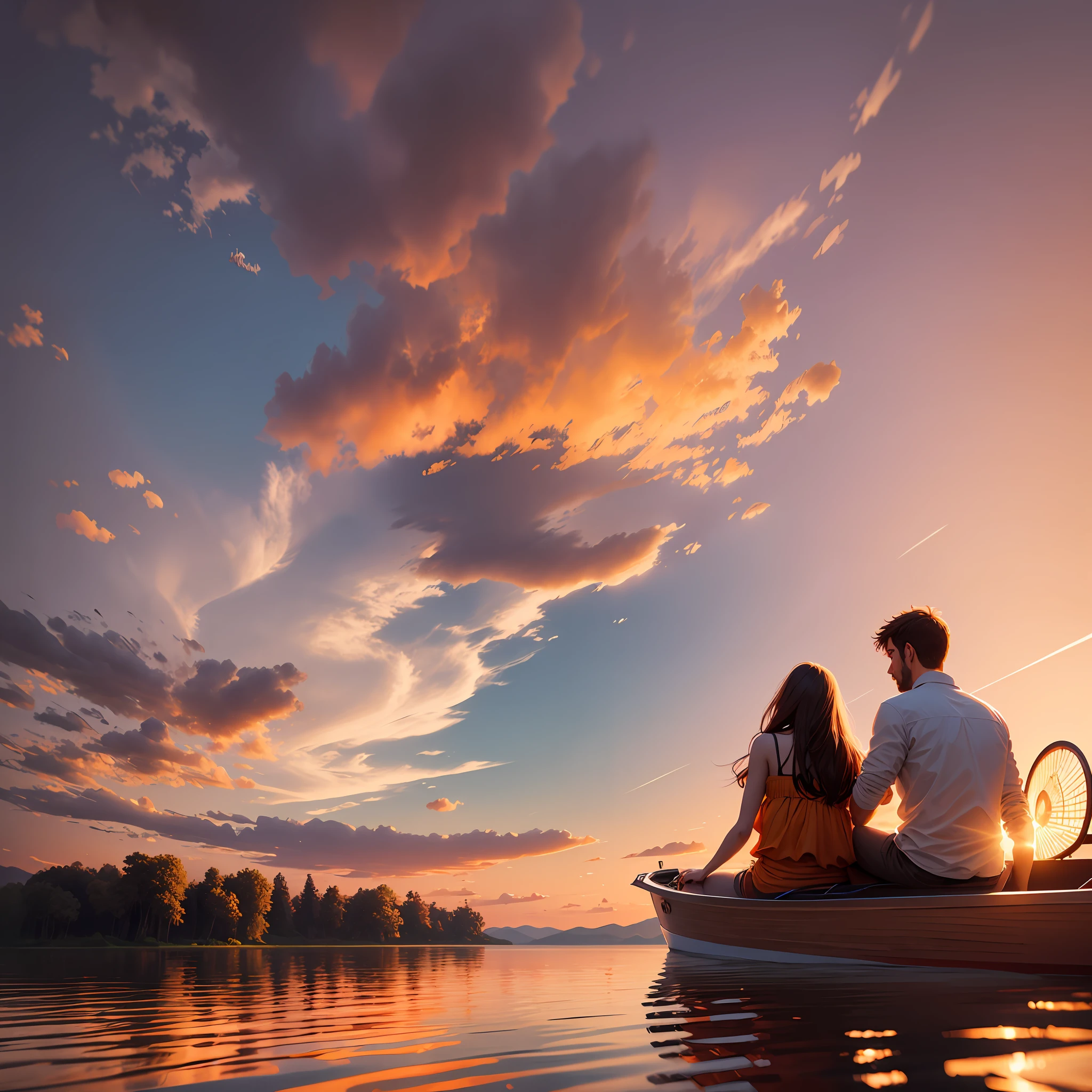 Generate an ultra-realistic image of a couple boating on a tranquil lake, enjoying the orange sunset on the horizon --auto --s2