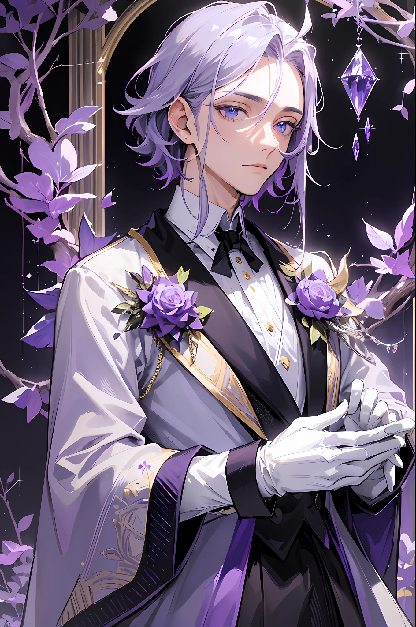 Prince, Young Man, male, 1boy, mature male, manly, purple blood, purple decoration, crystal, gemstone, shine, shiny crystal, depicting delicate eyes, opal eyes, depicting delicate facial features, white uniform, extreme multiplication, exquisite and complex design, white gloves, gothic style, gorgeous aristocratic dress, purple blood, ribbon, crown of thorns, gray hair, extreme detail, delicate depiction, light blue eyes, all colors except purple are low saturation, Only purple is the most conspicuous, royal, elegant, noble, royal dress