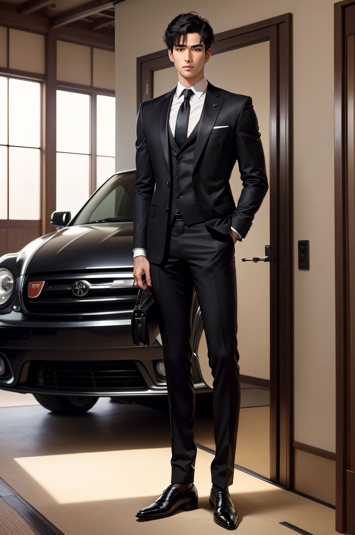 (highest resolution, distinct_image) Best image quality, male god masterpiece, high detail, semi-realistic, short black hair, black hair, bangs, 20 years old, young, tall and strong, business suit, cold, serious, tall and handsome, authoritative, powerful, delicate facial features, exquisite facial features, wearing leather shoes, upright, being in a well-lit place, Japan person, little smile