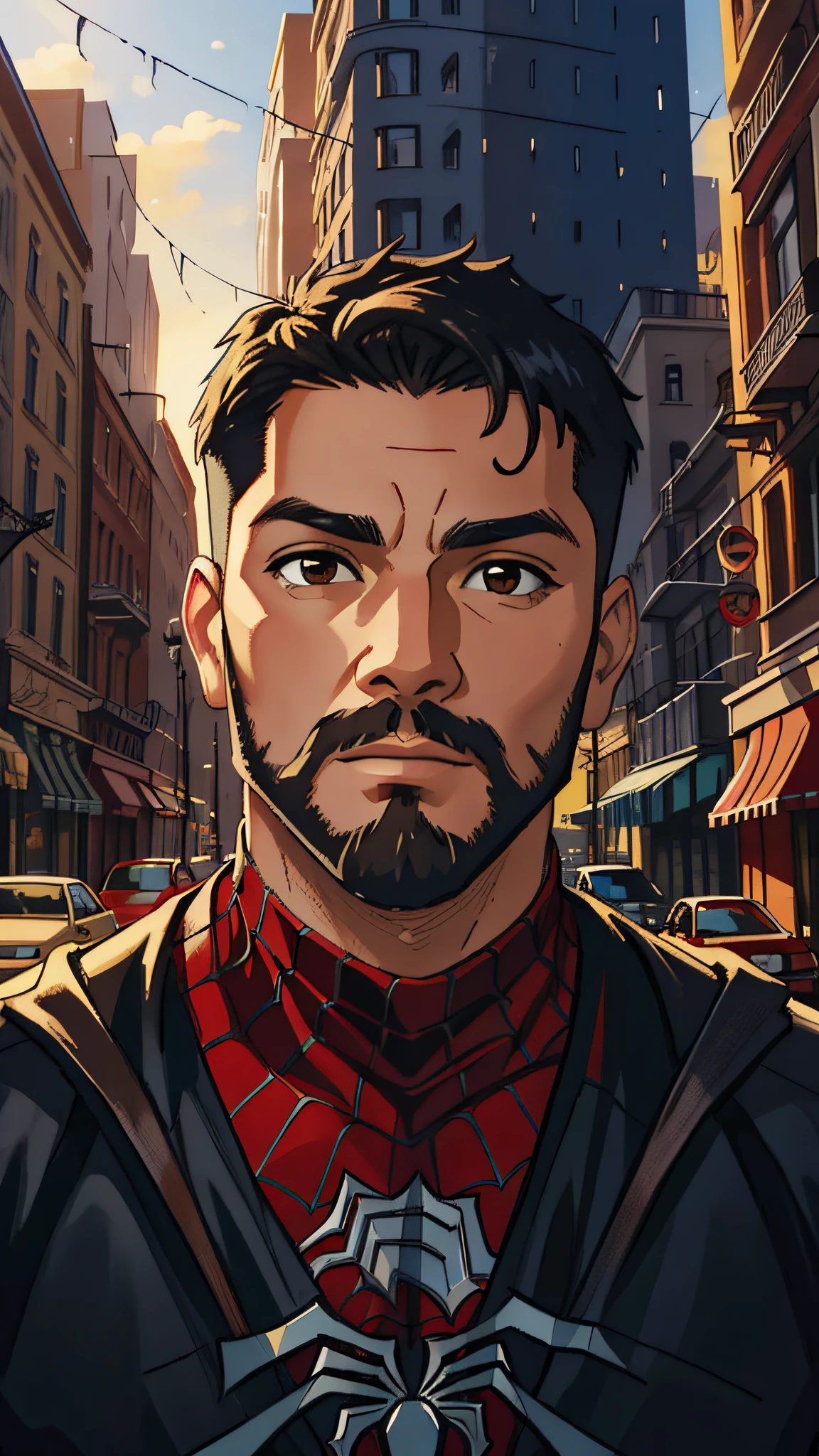 (masterpiece, best quality), intricate details, 8k, artstation, wallpaper, official art, splash art, sharp focus,
1boy, short hair, brown eyes, black hair, short beard
 Spider-man uniform, spider web print, spider web,  
skyscrapers, city, buildings, cars, street,