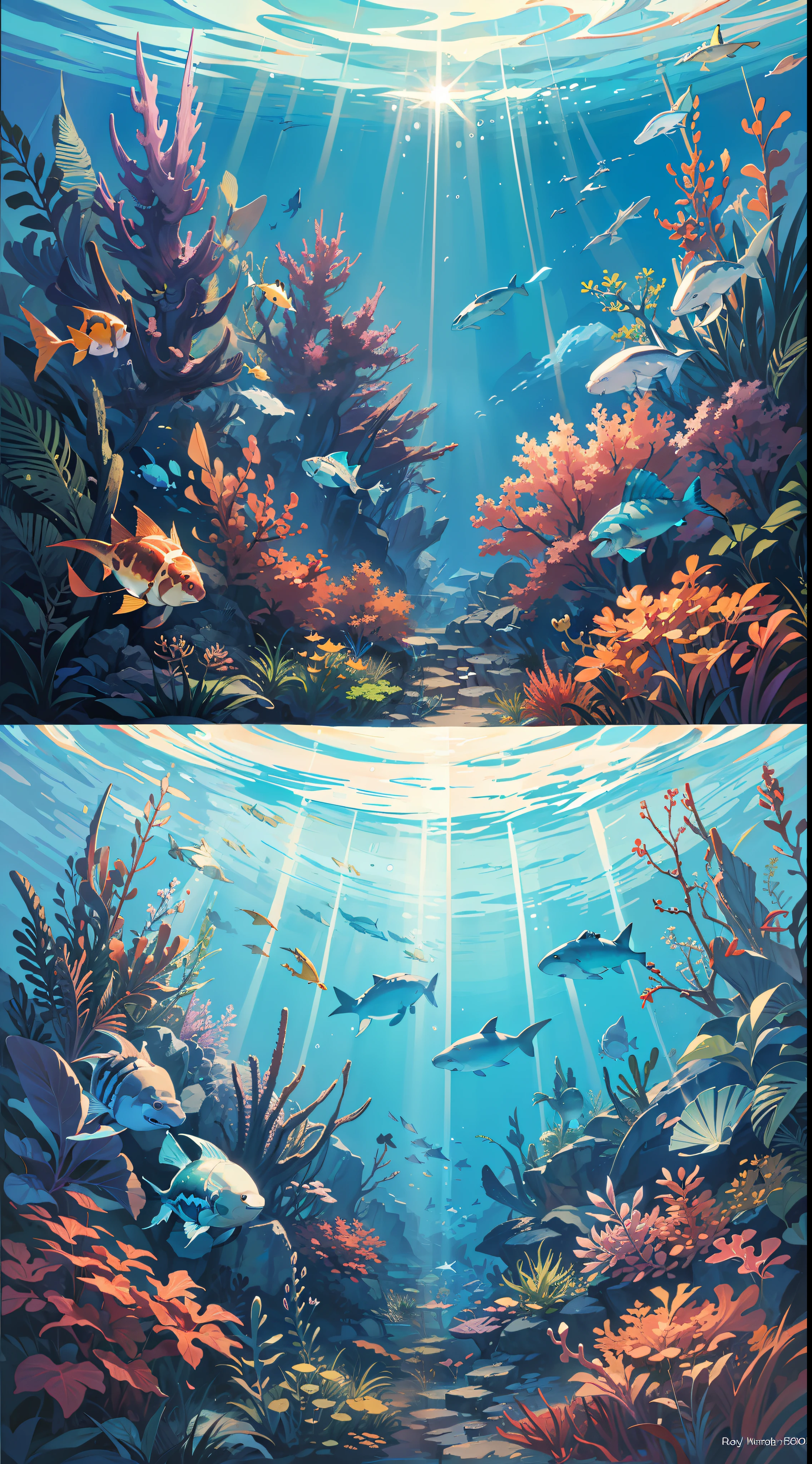 (artwork) image of an underwater view, as if seen from the bottom up towards the sky, with colorful fish, a shark, some turtles and a ray, with sunlight passing through the crystal clear water, high details, masterpiece, 8k, anime, dramatic lighting, special effects, cel shading