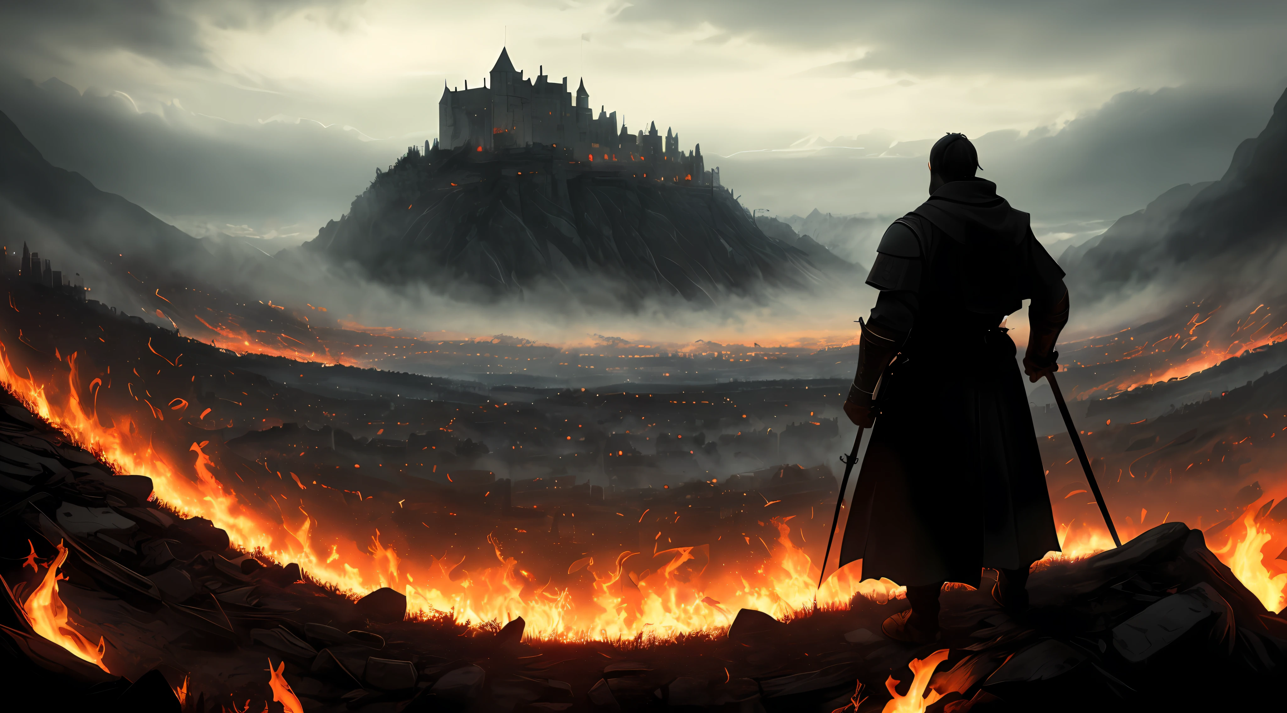 (8k unit wallpaper CG extremely detailed, masterpiece, best quality, ultra-detailed), (((solo))), ((wide shot:1.5)), (a warrior watched the battle from afar, hidden behind a hill), (chaos in the medieval city, he could see the flames of the torches that illuminated the darkness of the night, as the battle continued to roar in the field below,  War of the Realms), medieval, magnificent scene, dark sinister environment, illustrator, (best illustration)