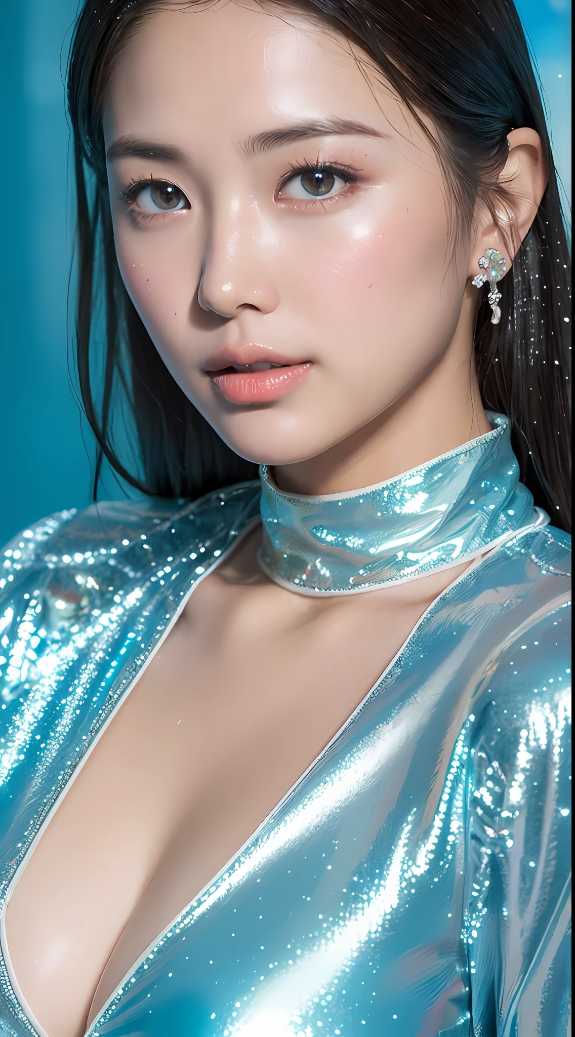 ((in blue water, realistic light, top quality, 8K, masterpiece: 1.3)), 1 girl, slender beauty: 1.5, abs: 1.1, (long hair, big: 1.4), bikini: 1.2, wide legs, light blue water surface, super detailed face, detailed eyes, double eyelids, glossy, immersed in water up to the back, wet skin, wet water, slender body, flanks visible, thighs visible, water surface, full, ( Happiness Like a Goddess: 1.2), Kpop Idol, (RAW Photo: 1.2), (Realism: 1.4), (Masterpiece: 1.3), (Exquisite Detail: 1.2), Delicate and Beautiful Details, (Eye Details), (Facial Details), (20-year-old female), Petite, Big, Thin Waist, Skin Tightening, (looking_at_viewer), (Floating: 1.2), Dynamic Pose, Large Circle Earrings, slim_legs, (Best Quality: 1.4), (Super Resolution: 1.2), Cinema Light, (Highly Detailed Illustration), (Lip Gloss, Eyelashes, Best Quality, Ultra High Resolution, Depth of Field, Caustics, Wide Light, Natural Shadows, 85mm, f/1.4, ISO 200, 1/160s: 0.75), (Sea, Water, water_drop, wet, sprazing, foam, underwater: 1.5), overhead view, shiny and glossy, water particle, light blue and white, sleeping, lying down, in a striking extreme cool style shiny blight pearl see - thru blue outfit , incredibly detailed, blight style, Ultra gorgeous brilliant Mirror holographic water floor, glitter particles, jewel tone confetti, hyper detailed, ultra photorealistic, flash light, clean sharp focus