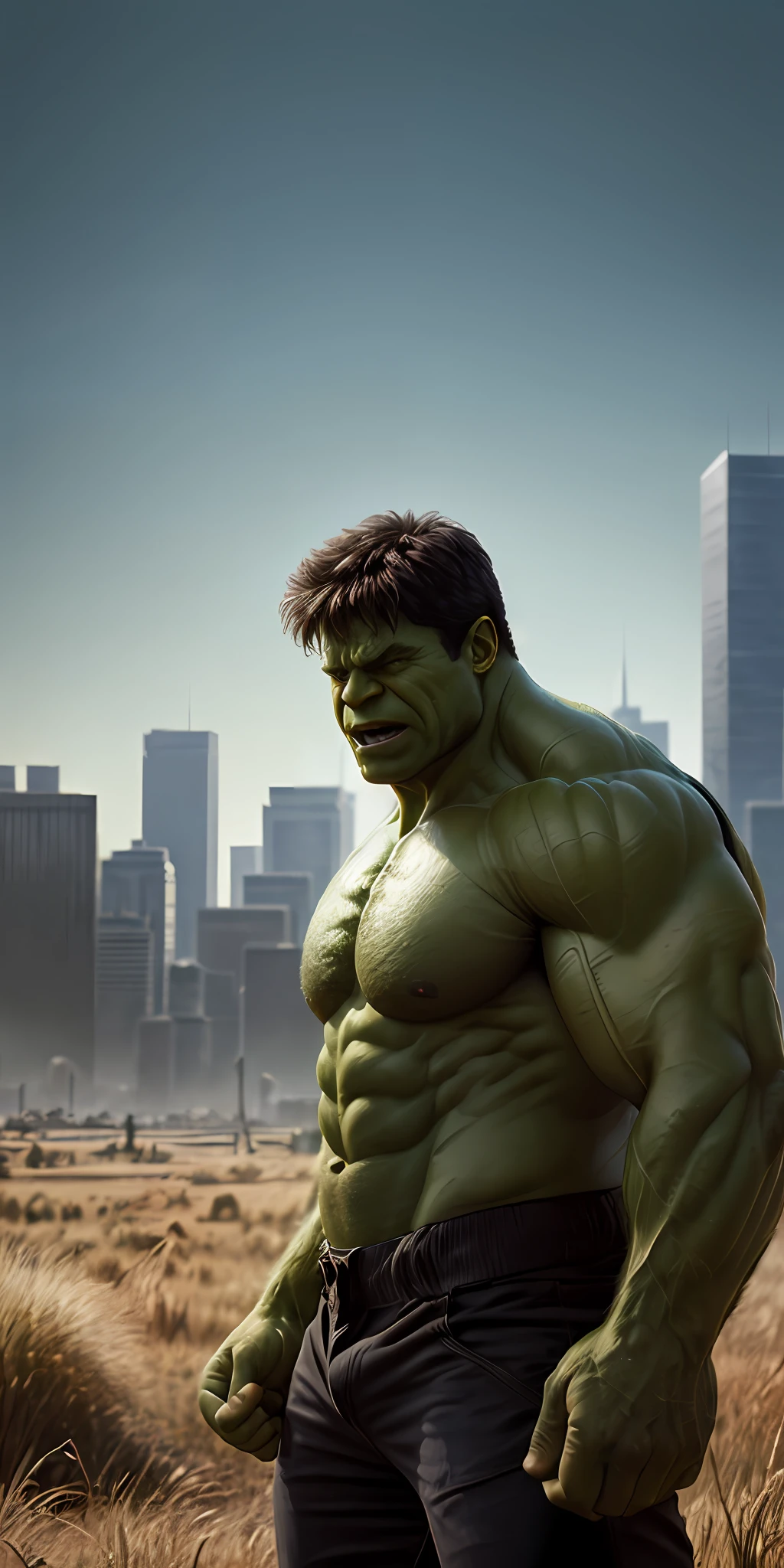 hulk (( proud expression)), masterpiece, best quality, ultra-detailed, ground, city background, shadows, contrast, clear sky, analog style (look at viewer:1.2) (skin texture) (film grain:1.3), ultra-high resolution, octane render, 16k