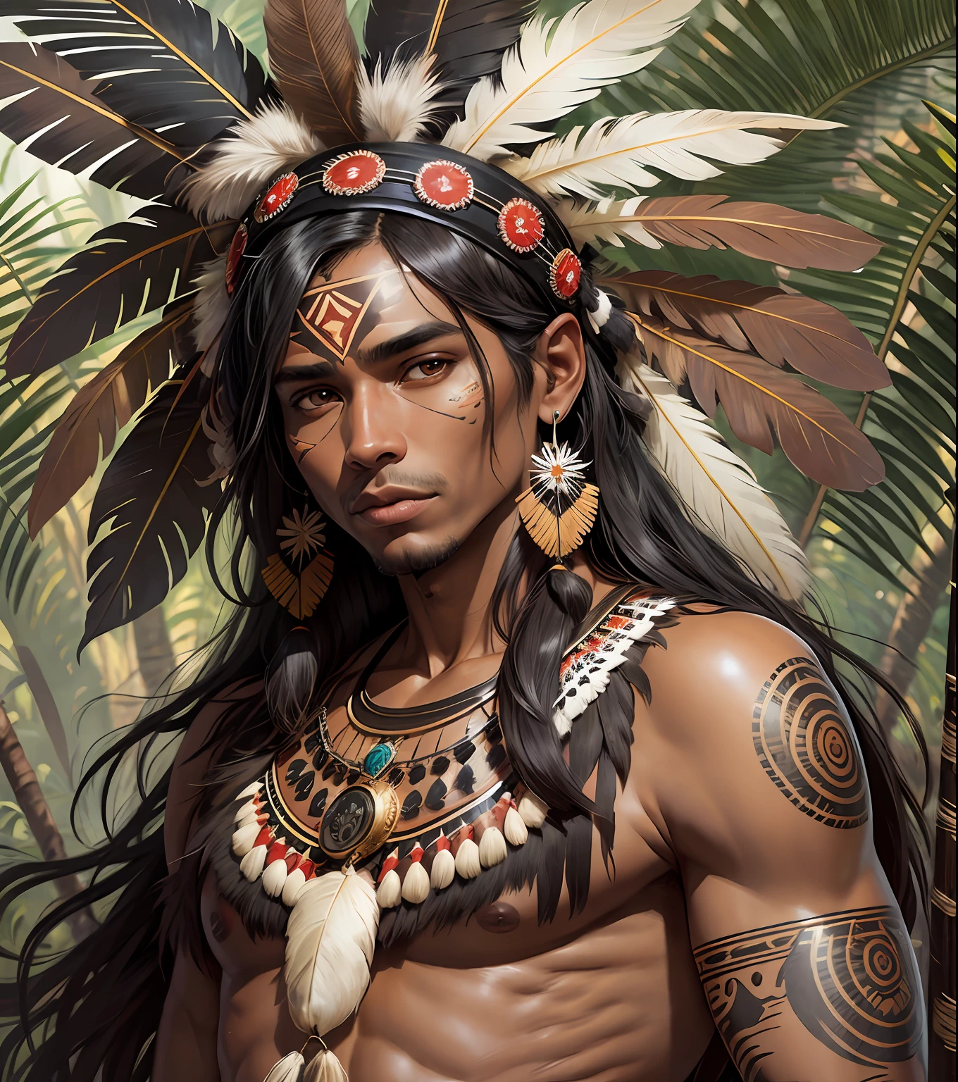 best quality, hyper realistic, man, black hair, dark brown eyes, slight smile, thong, indigenous, headdress full of feathers, dark skin, in the jungle, animal leather clothing, with paintings on face and body