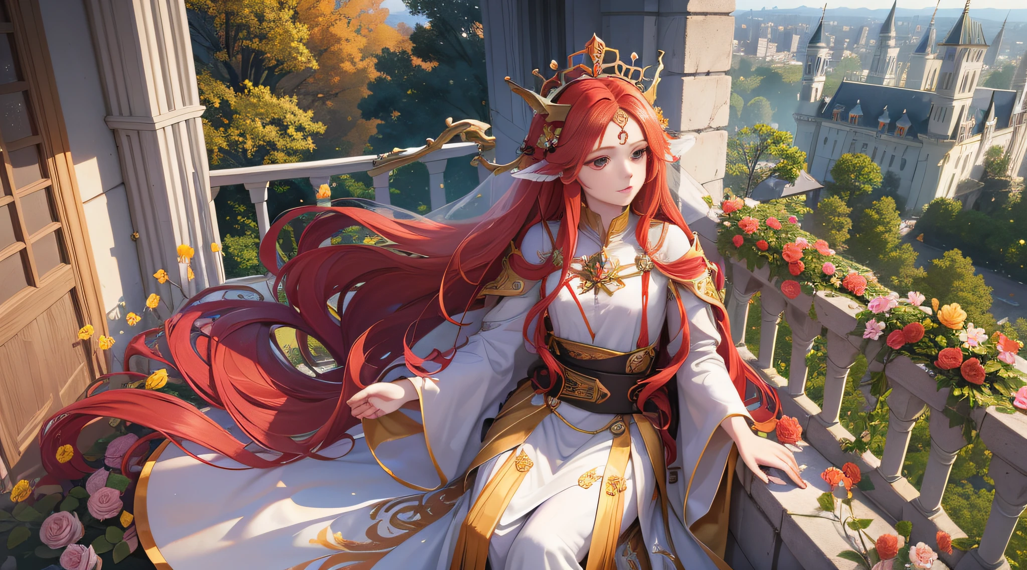 "Drone vision of a divine being, a beautiful child with long red hair and a golden crown on his head, whole body, admiring the flowers that the wind carries around him in peace, on a balcony of a castle with flowers. Ultra-realistic details in 8k."