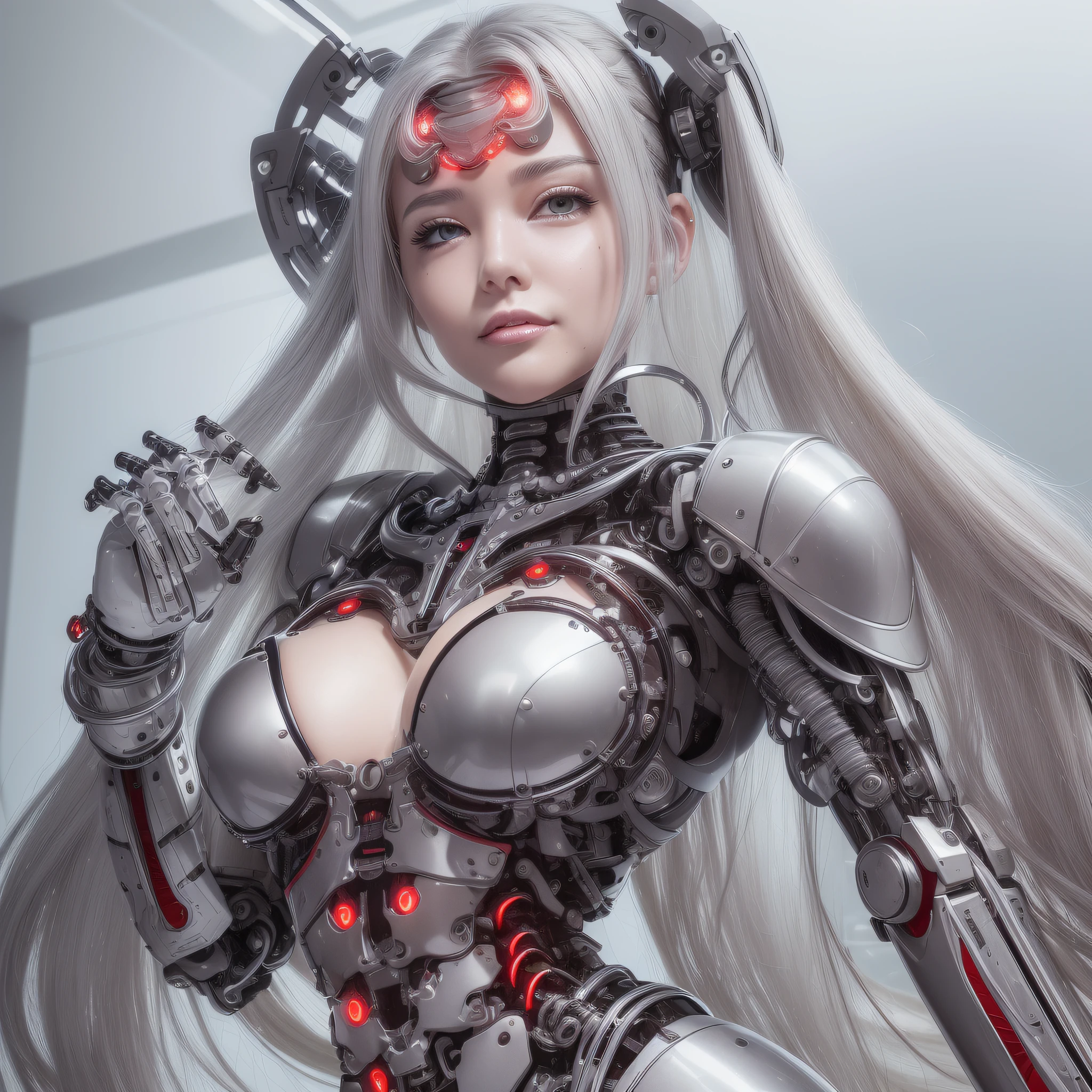 Beautiful Face,face is Japan, 1 Female, Big, Curvaceous, Top Quality, Masterpiece, Ultra Detailed, (Tube Attached Blood Vessel)((Bikini Cyborg Robot Parts)))), (Light Grey Hair), Long Hair, Wavy Hair, Twin Tails, Medium Shot, (((Seductive Smile)), (Black Eyes), Princess Cut,From Below, (whole body ),posing,,in the laboratory,( blood vessel connected to a tube),((mechanical vertebrae attached to the back)),((mechanical neck attached to the neck)),(wire cable attached to the head and body),(character focus),science fiction,