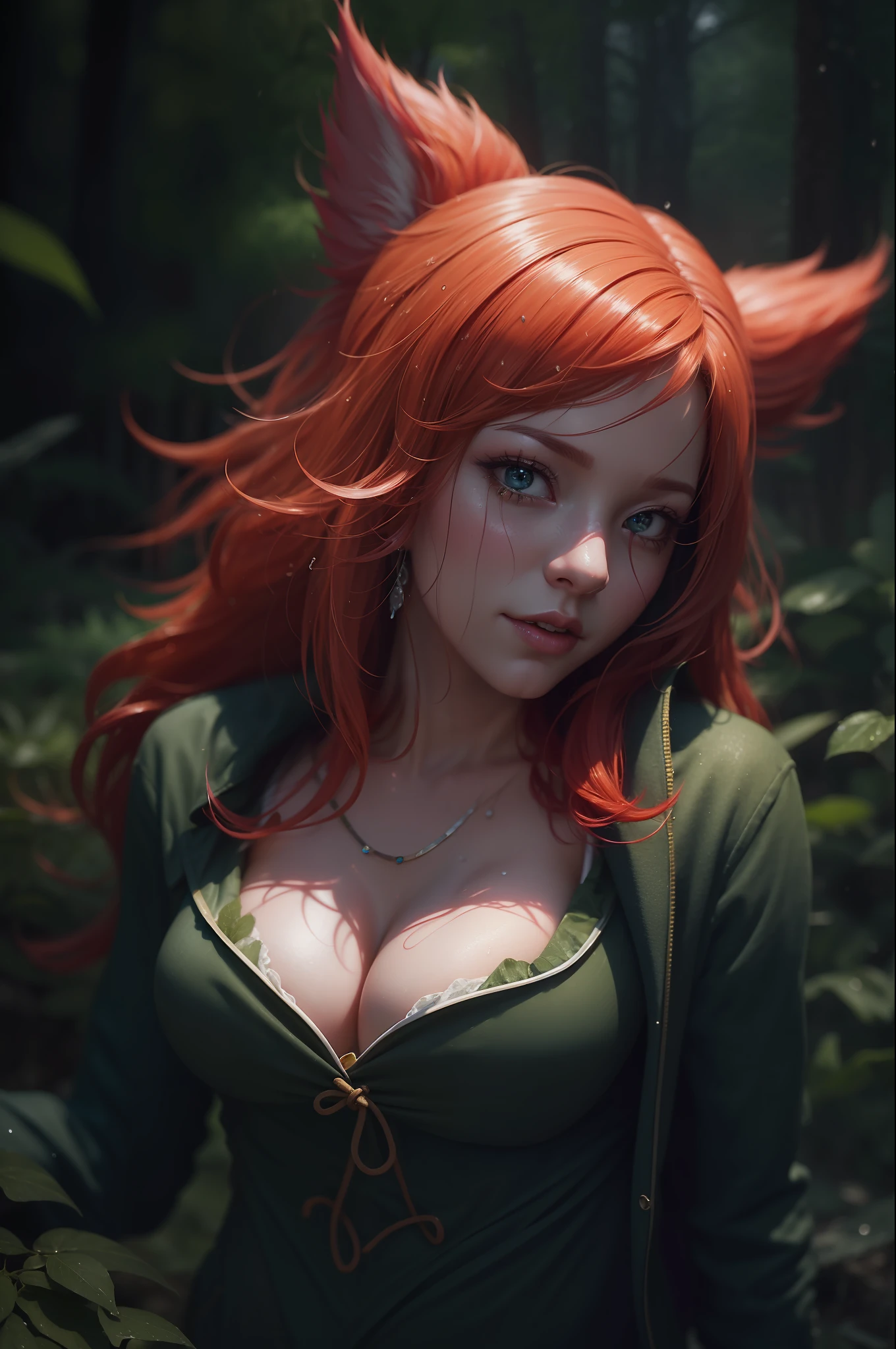 a professional photo of a soaking wet of oil joyful ginger Ahri, forest atmosphere, cinematic, dimmed colors, warm shot, muted colors, perfect lighting, IPA award wining masterpiece, film grainy, lut, insane details, intricate details, hyperdetailed, closeup, twilight, ultra deep DOF, 8k, ultra quality photo,