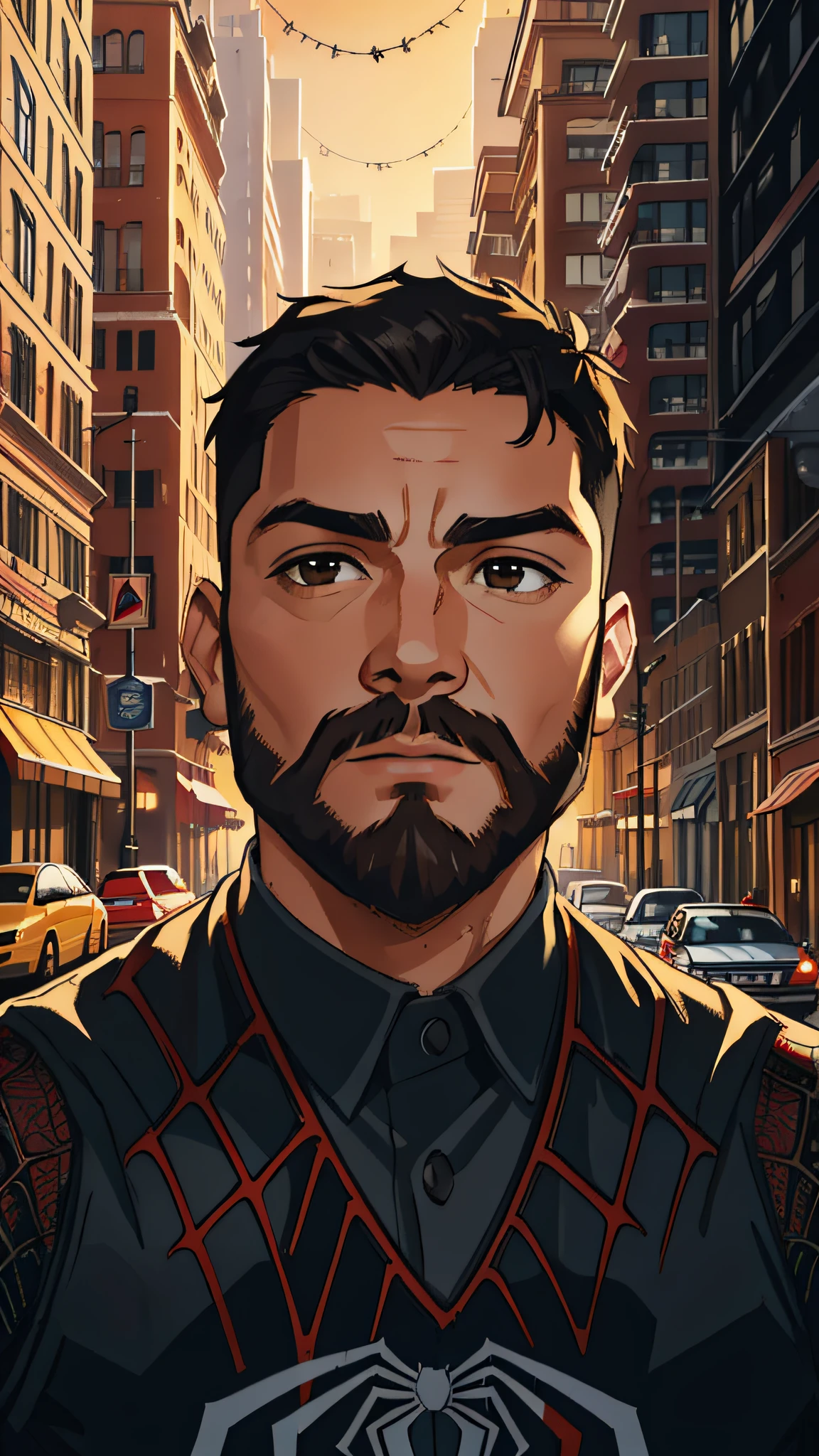 (masterpiece, best quality), intricate details, 8k, artstation, wallpaper, official art, splash art, sharp focus,
1boy, short hair, brown eyes, black hair, short beard
 Spider-man uniform, spider web print, spider web,  
skyscrapers, city, buildings, cars, street,