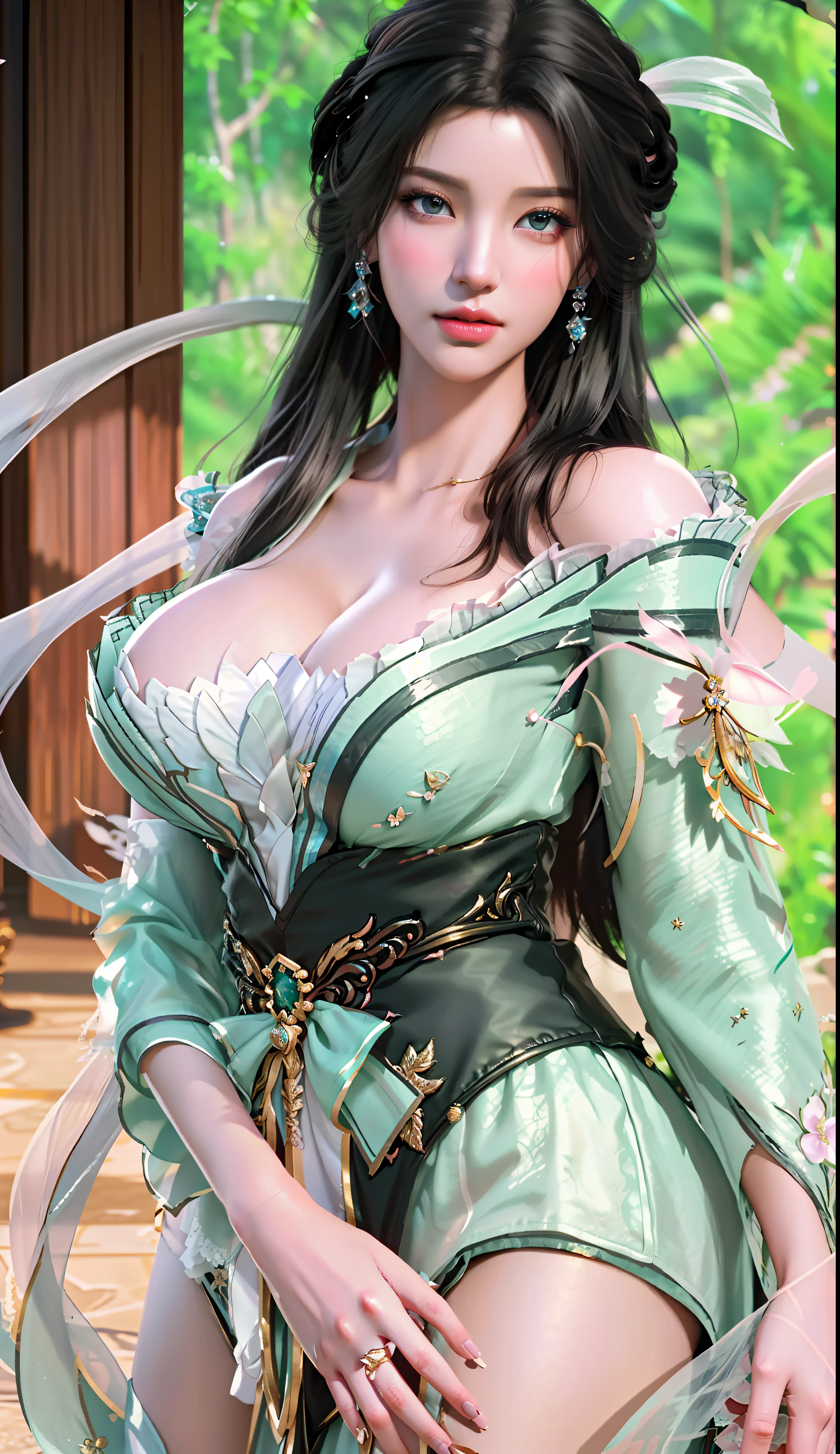 black background wall, blurred background, highest quality, closeup of a woman, perfect face, perfect figure, seductive, charming, ultra hd, textured skin, super detail, 8k, super fine, real, super large breasts, big breasts, breast exposure, torn clothes, perfect face, delicate eyes, seductive, charming, nudity, 3d rendered character art 8k, fantasy characters, 3DCG, close up of a woman, close-up of boobs, perfect face, perfect figure, alluring, charming, thighs, long legs, beautiful legs,, Hand to the back, look at me head-on, textured skin, super detailed characters, 8k, fantasy characters, 3dcg, masterpiece, best work of the CG competition, peerless beauty, 3dcg, movie bloom, movie soft light, skin texture, skin white as jade, flawless, delicate nose, peerless beauty, sister, royal sister, 3D movie character 8K, movie bloom, movie soft light, skin texture, flawless, sneaky work