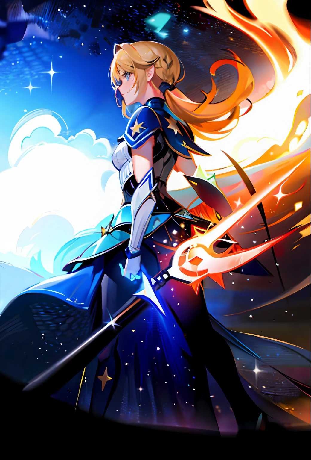masterpiece, best quality, girl,starry,strry light,night,colorful,cloud,star \(sky\), armor, weapon