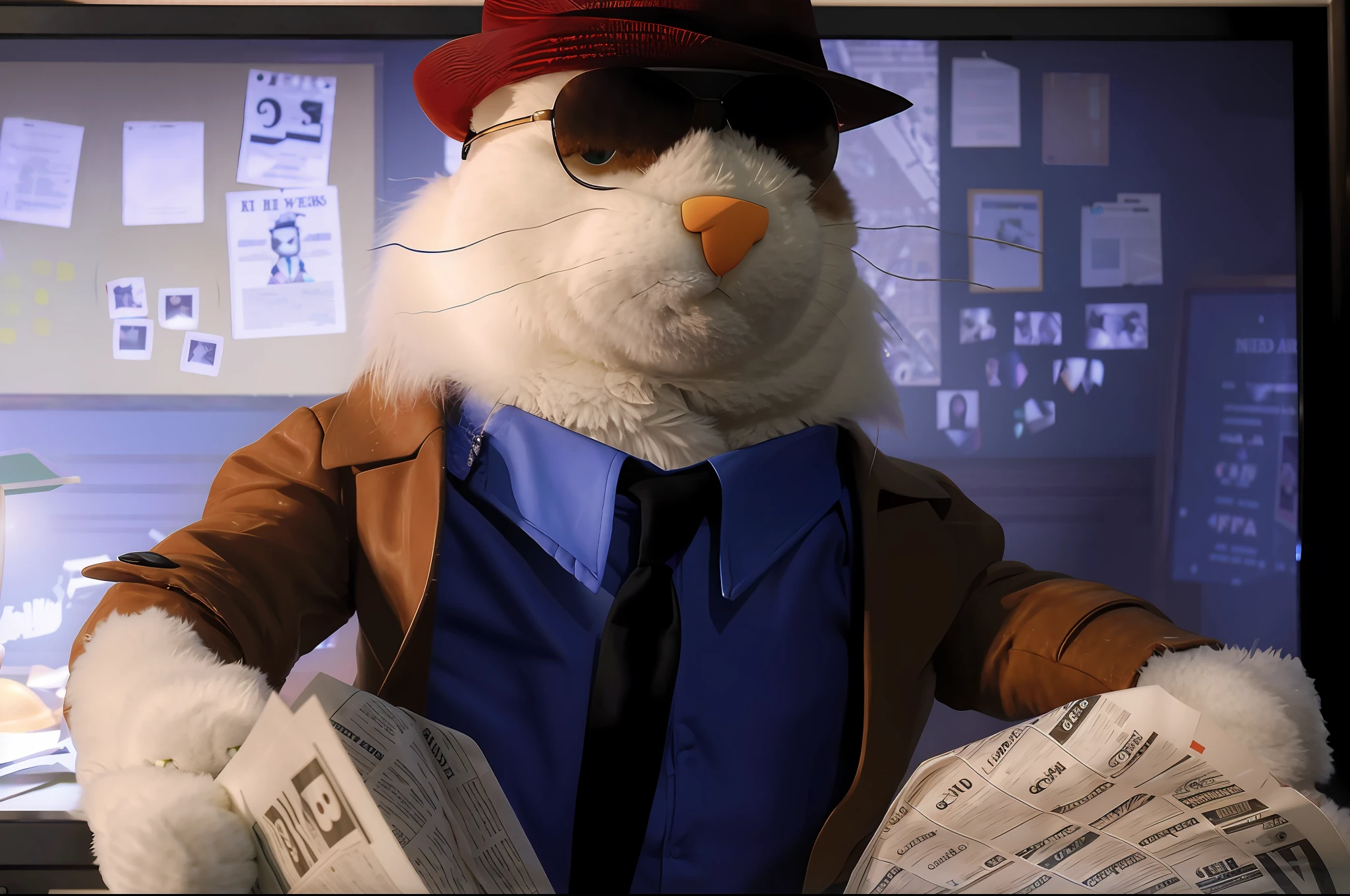 Arafed stuffed animal dressed in suit and tie holding a newspaper, an anthropomorphic gangster cat, plush style