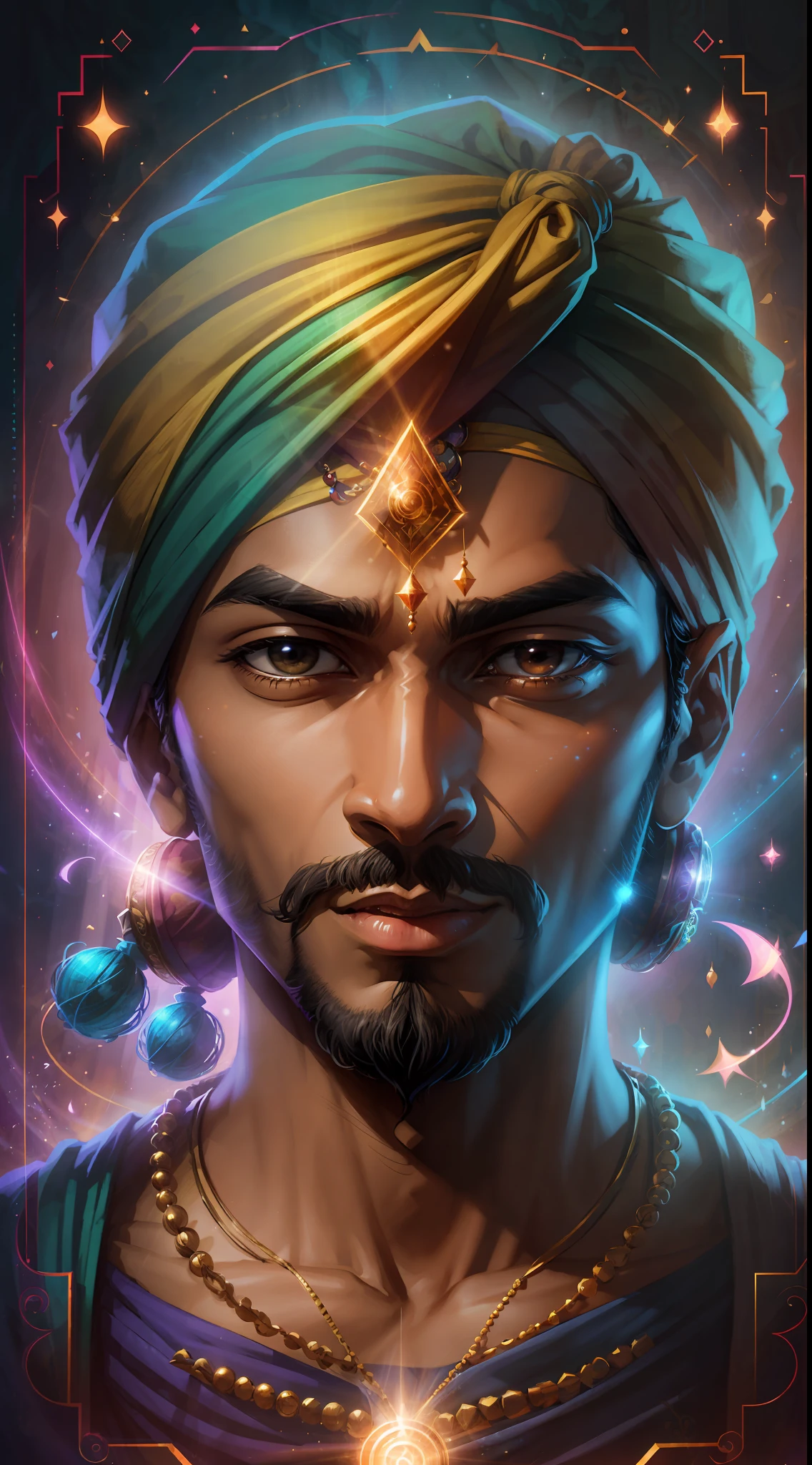 Vintage style portrait, Chandu the Magician, with typical 60's clothing and turban, background in bright tcores with mystical elements, in movie poster style, by Jim Lee, in 4K, --ar 9:16, isometric, cinematic lighting, god rays, rounded corners, close-up, ray tracing, optical illusion --auto --s2