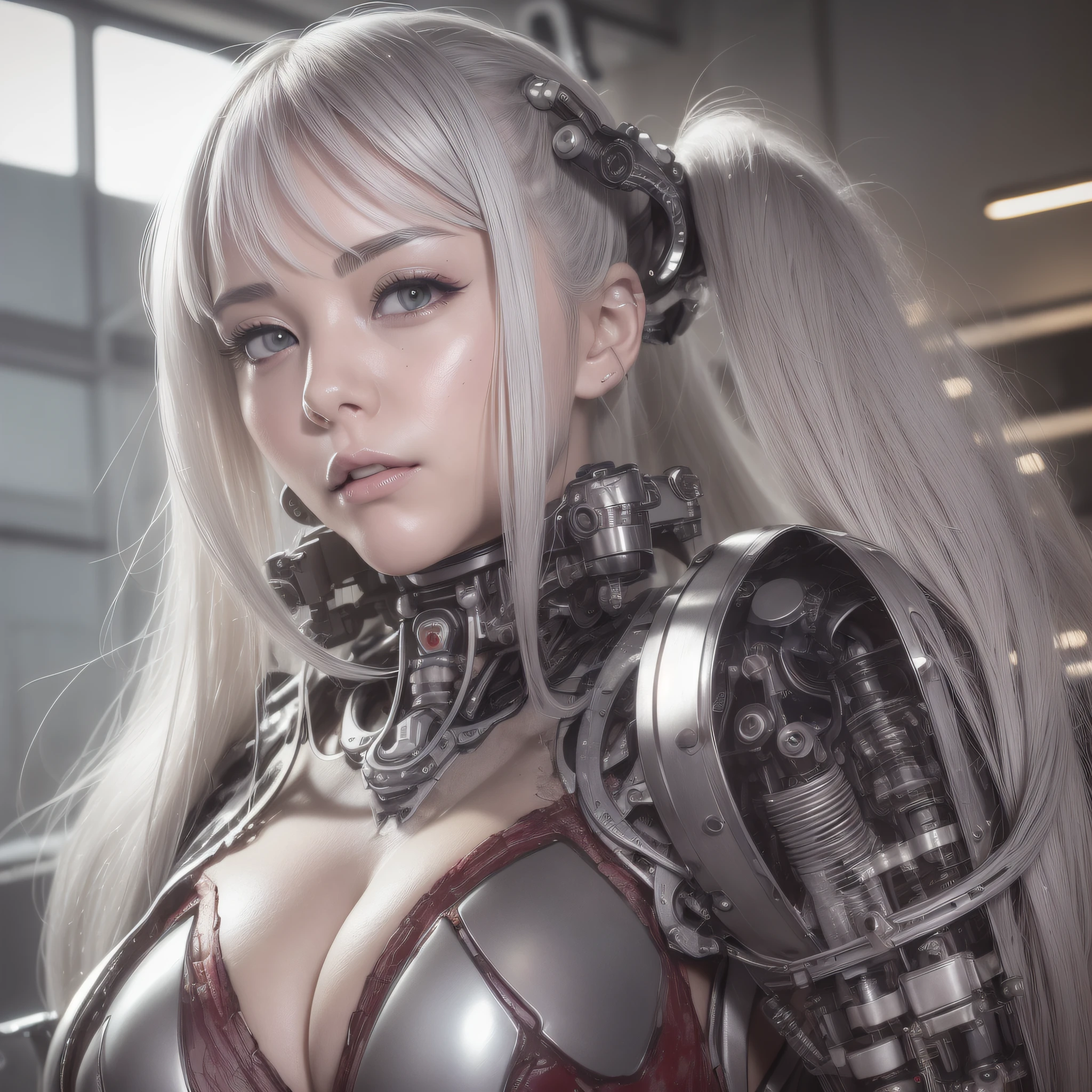 Beautiful Face,face is Japan, 1 Female, Big, Curvaceous, Top Quality, Masterpiece, Ultra Detailed, (Tube Attached Blood Vessel)((Bikini Cyborg Robot Parts)))), (Light Grey Hair), Long Hair, Wavy Hair, Twin Tails, Medium Shot, (((Seductive Smile)), (Black Eyes), Princess Cut,From Below, (whole body ),posing,,in the laboratory,( blood vessel connected to a tube),((mechanical vertebrae attached to the back)),((mechanical neck attached to the neck)),(wire cable attached to the head and body),(character focus),science fiction,
