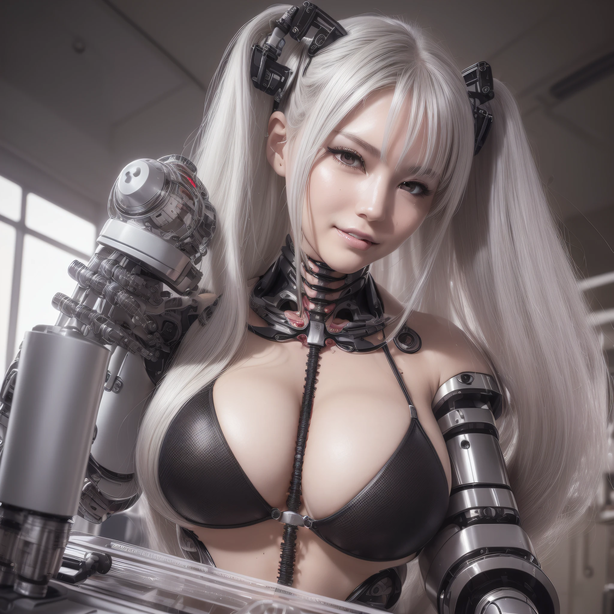 Beautiful Face,face is Japan, 1 Female, Big, Curvaceous, Top Quality, Masterpiece, Ultra Detailed, (Tube Attached Blood Vessel)((Bikini Cyborg Robot Parts)))), (Light Grey Hair), Long Hair, Wavy Hair, Twin Tails, Medium Shot, (((Seductive Smile)), (Black Eyes), Princess Cut,From Below, (whole body ),posing,,in the laboratory,( blood vessel connected to a tube),((mechanical vertebrae attached to the back)),((mechanical neck attached to the neck)),(wire cable attached to the head and body),(character focus),science fiction,
