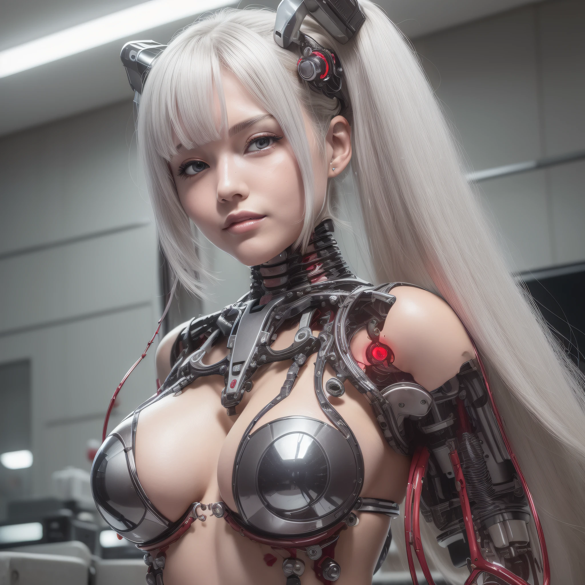 Beautiful Face,face is Japan, 1 Female, Big, Curvaceous, Top Quality, Masterpiece, Ultra Detailed, (Tube Attached Blood Vessel)((Bikini Cyborg Robot Parts)))), (Light Grey Hair), Long Hair, Wavy Hair, Twin Tails, Medium Shot, (((Seductive Smile)), (Black Eyes), Princess Cut,From Below, (whole body ),posing,,in the laboratory,( blood vessel connected to a tube),((mechanical vertebrae attached to the back)),((mechanical neck attached to the neck)),(wire cable attached to the head and body),(character focus),science fiction,