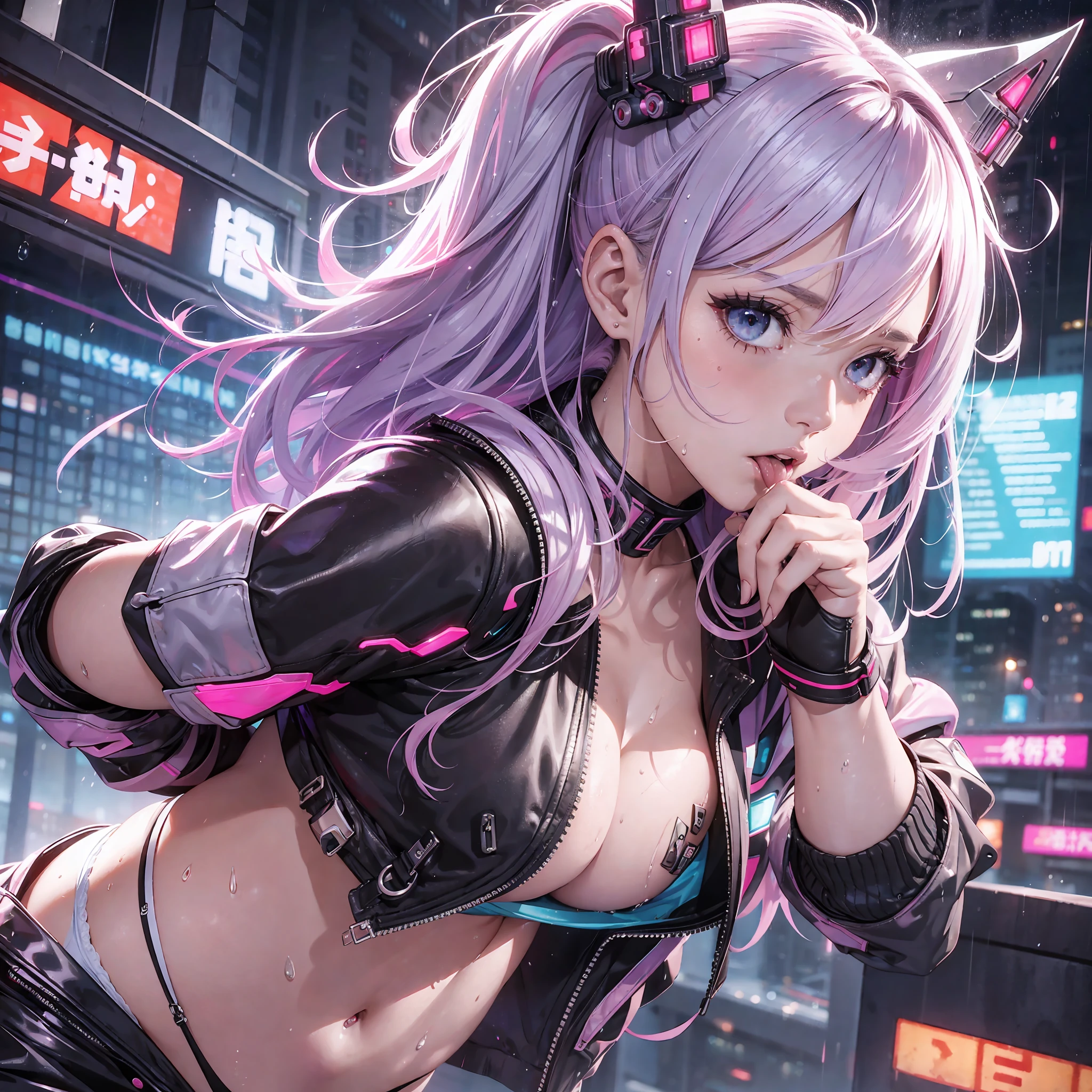 Lucy \(cyberpunk\), 1girl, hair crunchie, Hime cut, silver hair, colored tips, full moon, gray eyes, jacket, long sleeves, looking at the viewer from the side, showing butt, looking back, looking to the side, showing the tongue, ahegao, tongue out, medium hair, multicolored hair, fringe separated, lips parted, pink hair, portrait, red eyeliner, red lips, solo,  open white jacket (small and cute hard nipple), cyberpunk \(series\), show the butt to the viewer, rainy night in a cyberpunk city with bright neon lights, (8k, RAW photo, highest quality, masterpiece: 1.2), (realistic, photorealistic: 1.5), micro bikini, protruding areola, clearly visible pubic shape, pubic hair, bristles on the lower abdomen, (wet, white, tight, transparent panties)),  ((show the audience ultra HD wet details clear, butt)), [narrow hips], cinematic lighting with quality and detail --auto --s2