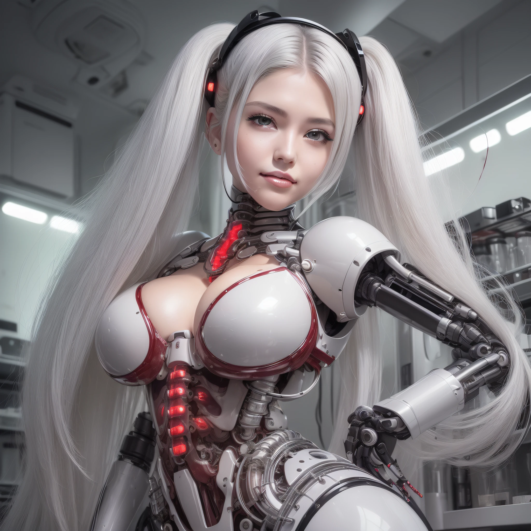 Beautiful Face,face is Japan, 1 Female, Big, Curvaceous, Top Quality, Masterpiece, Ultra Detailed, (Tube Attached Blood Vessel)((Bikini Cyborg Robot Parts)))), (Light Grey Hair), Long Hair, Wavy Hair, Twin Tails, Medium Shot, (((Seductive Smile)), (Black Eyes), Princess Cut,From Below, (whole body ),posing,,in the laboratory,( blood vessel connected to a tube),((mechanical vertebrae attached to the back)),((mechanical neck attached to the neck)),(wire cable attached to the head and body),(character focus),science fiction,