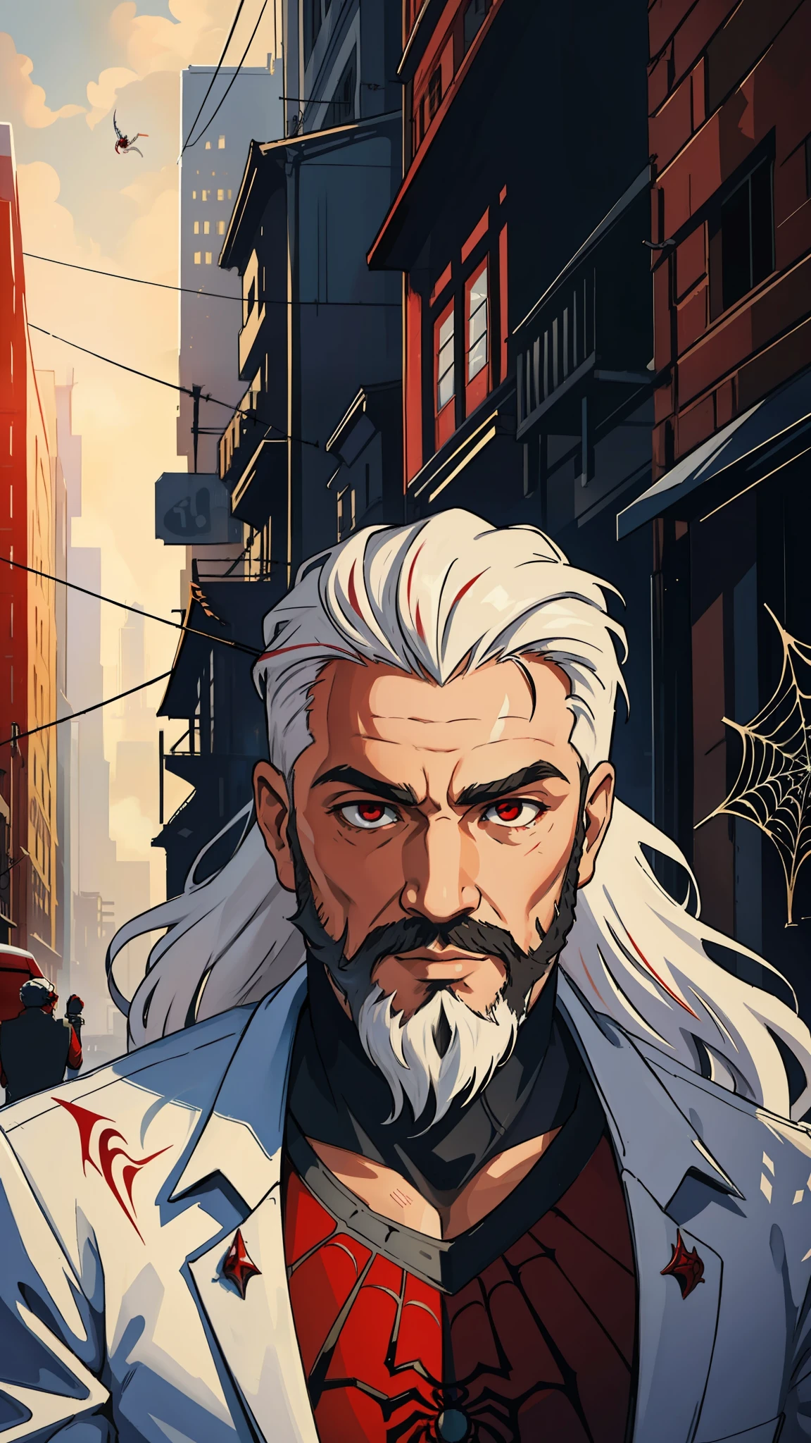 (masterpiece, best quality), intricate details, 8k, artstation, wallpaper, official art, splash art, sharp focus,
1boy, long hair, beard, red eyes, white hair,
spider suit, spider web printing, spider web,
skyscrapers, city, buildings, cars, street,