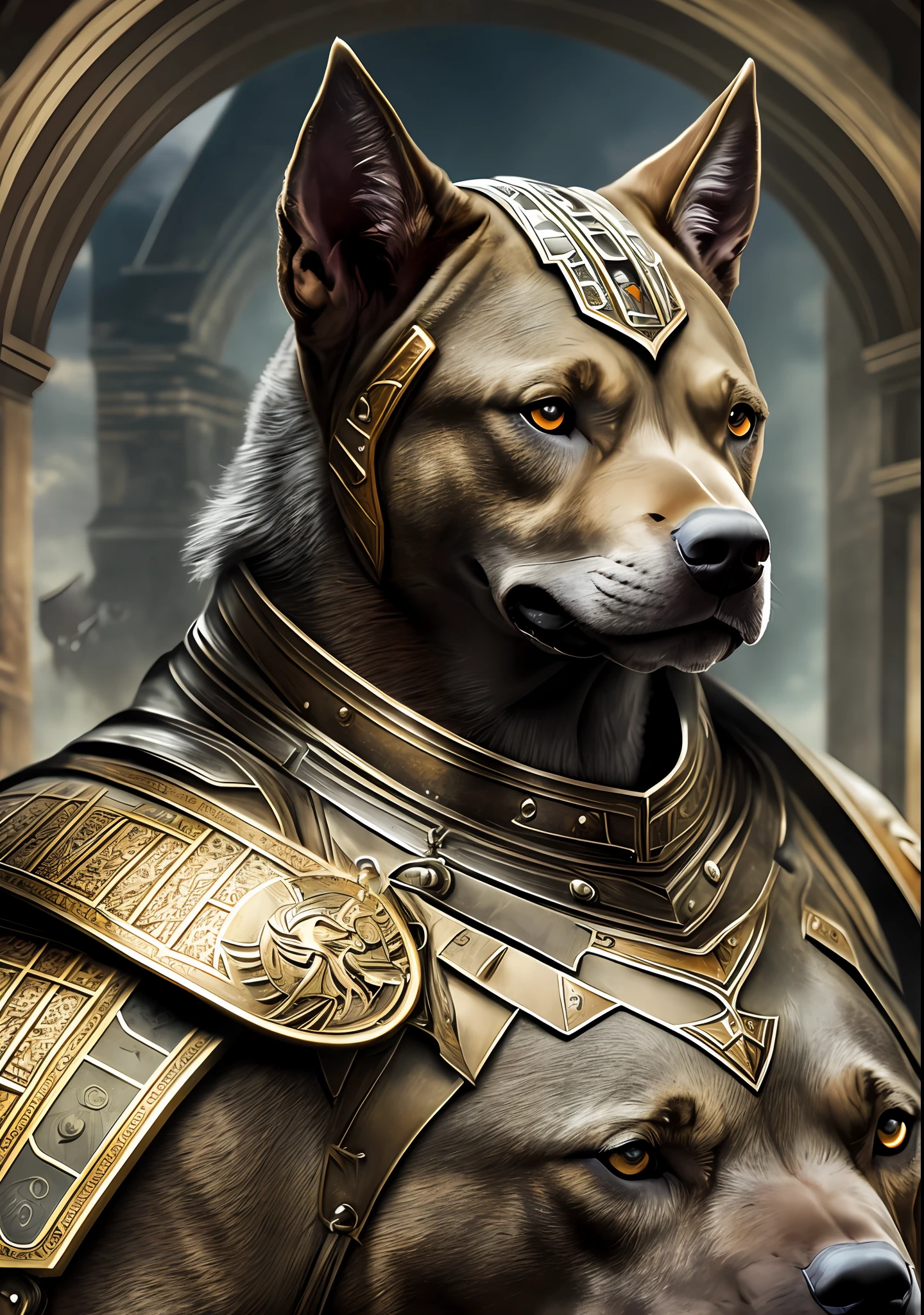 fking_scifi, award-winning photographic portrait of a werewolf pit bull, wearing a Germanic armor of the Middle Ages, background of a coliseum, large head, inrricincados details --auto --s2