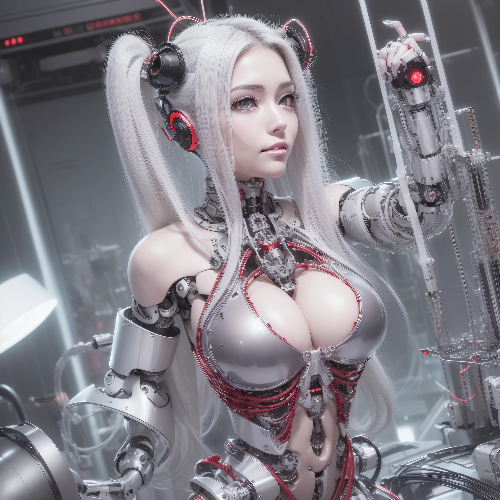 Beautiful Face,face is Japan, 1 Female, Big, Curvaceous, Top Quality, Masterpiece, Ultra Detailed, (Tube Attached Blood Vessel)((Bikini Cyborg Robot Parts)))), (Light Grey Hair), Long Hair, Wavy Hair, Twin Tails, Medium Shot, (((Seductive Smile)), (Black Eyes), Princess Cut,From Below, (whole body ),posing,,in the laboratory,( blood vessel connected to a tube),((mechanical vertebrae attached to the back)),((mechanical neck attached to the neck)),(wire cable attached to the head and body),(character focus),science fiction,