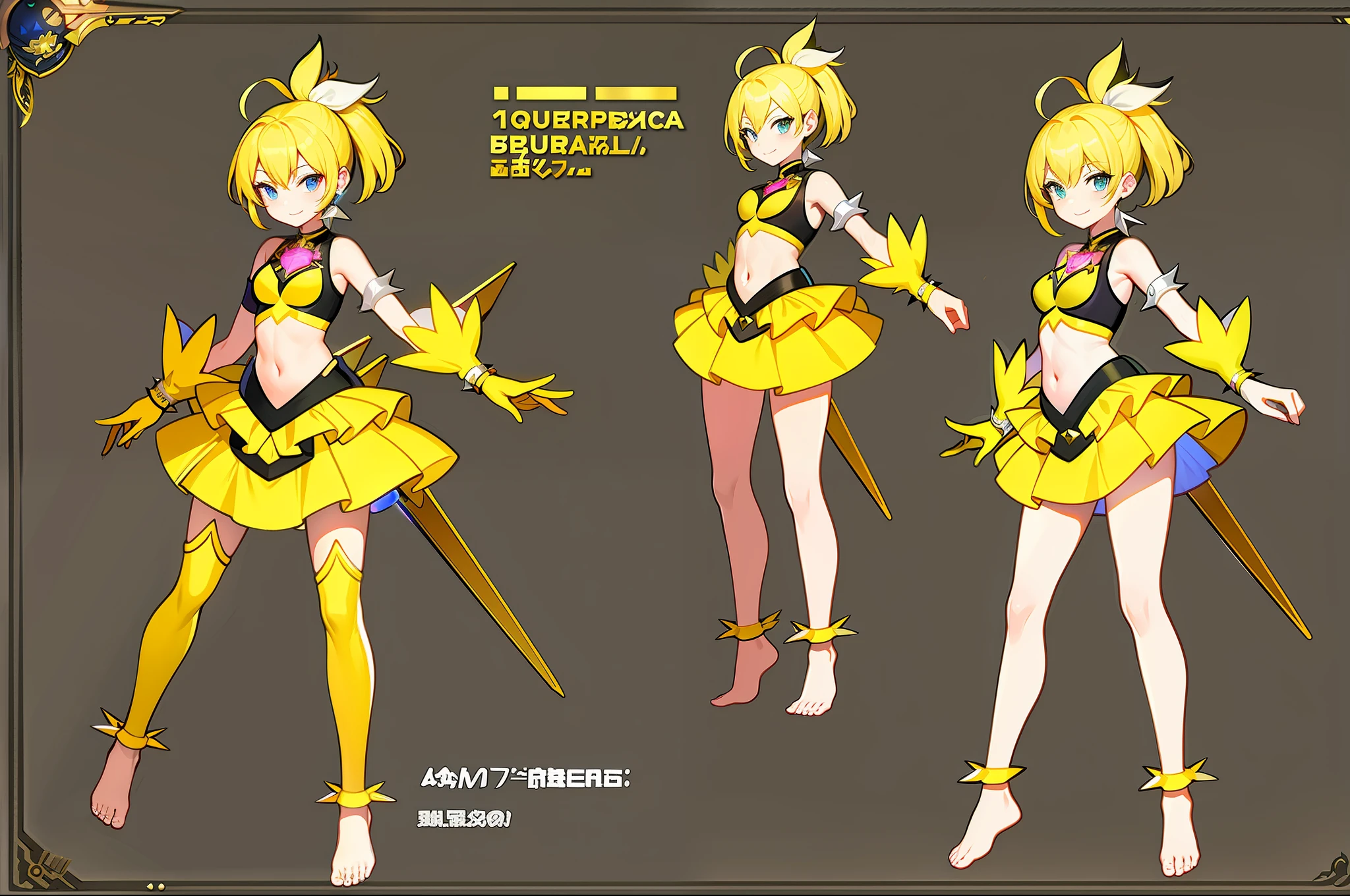 masterpiece,(best quality) magical girl,Lazer gun, yellow, spikey hair, medium sized breasts, unique design, barefoot,( ( character concept art ) )