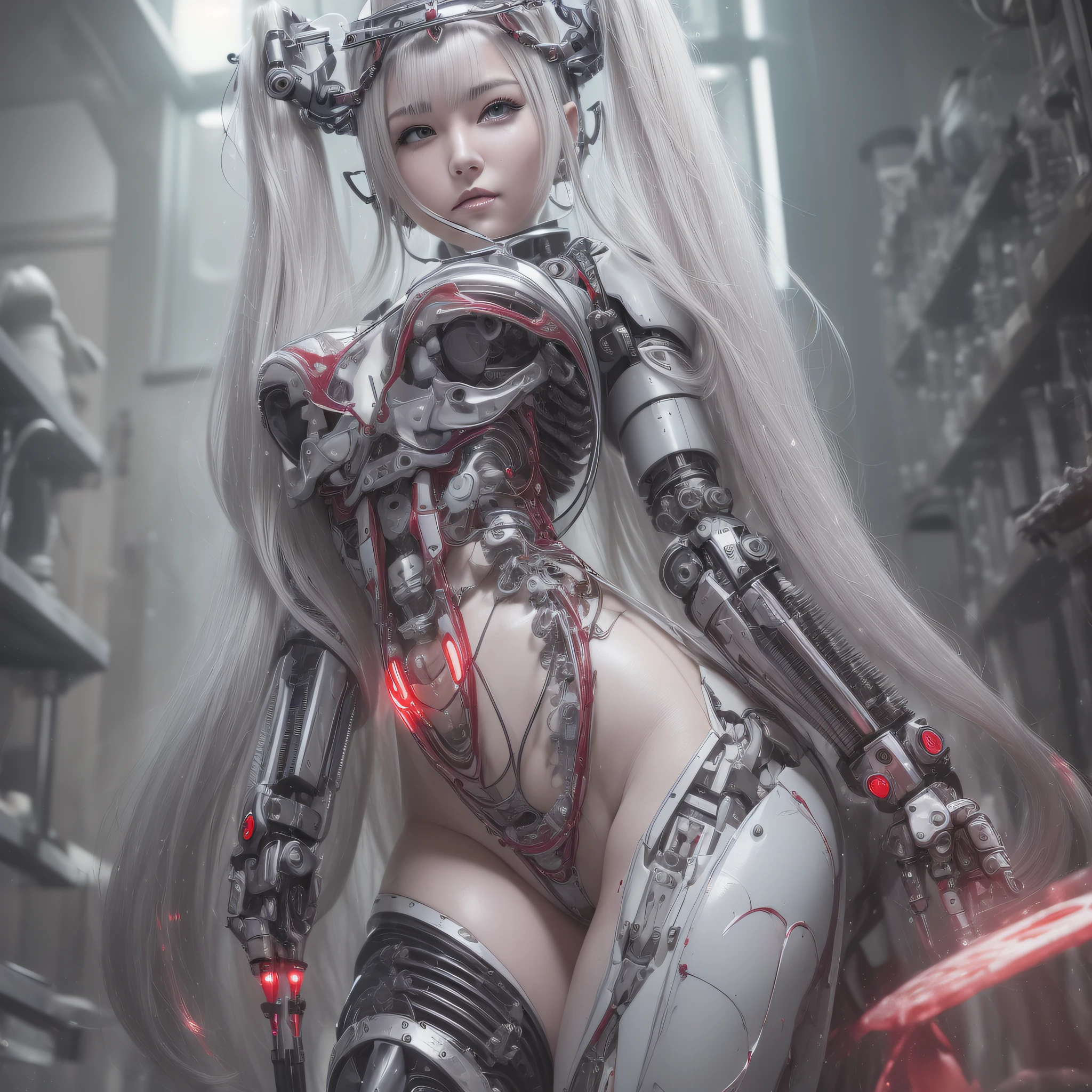 Beautiful Face,face is Japan, 1 Female, Big, Curvaceous, Top Quality, Masterpiece, Ultra Detailed, (Tube Attached Blood Vessel)((Bikini Cyborg Robot Parts)))), (Light Grey Hair), Long Hair, Wavy Hair, Twin Tails, Medium Shot, (((Seductive Smile)), (Black Eyes), Princess Cut,From Below, (whole body ),posing,,in the laboratory,( blood vessel connected to a tube),((mechanical vertebrae attached to the back)),((mechanical neck attached to the neck)),(wire cable attached to the head and body),(character focus),science fiction,
